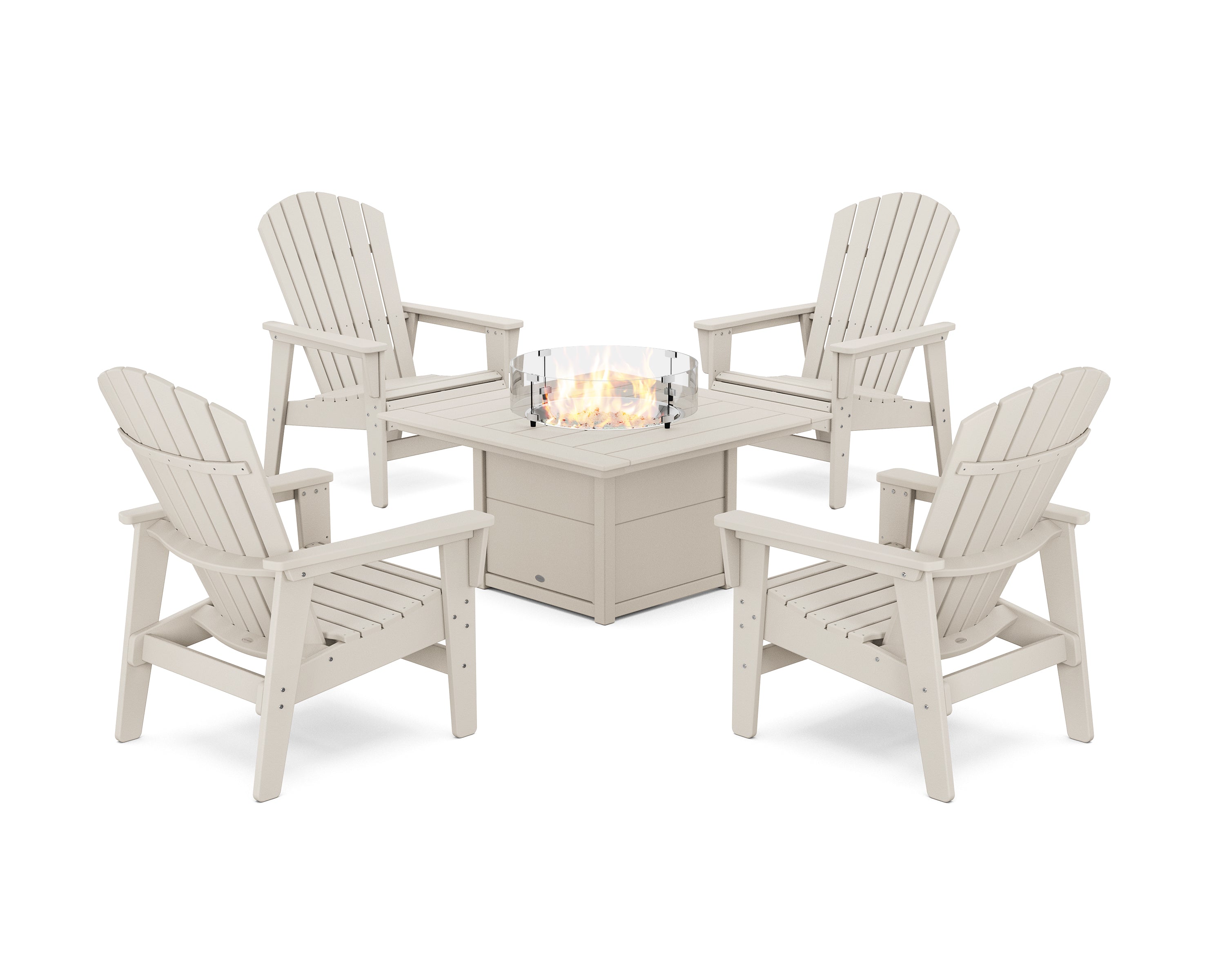 POLYWOOD 5-Piece Nautical Grand Upright Adirondack Conversation Set with Fire Pit Table in Sand