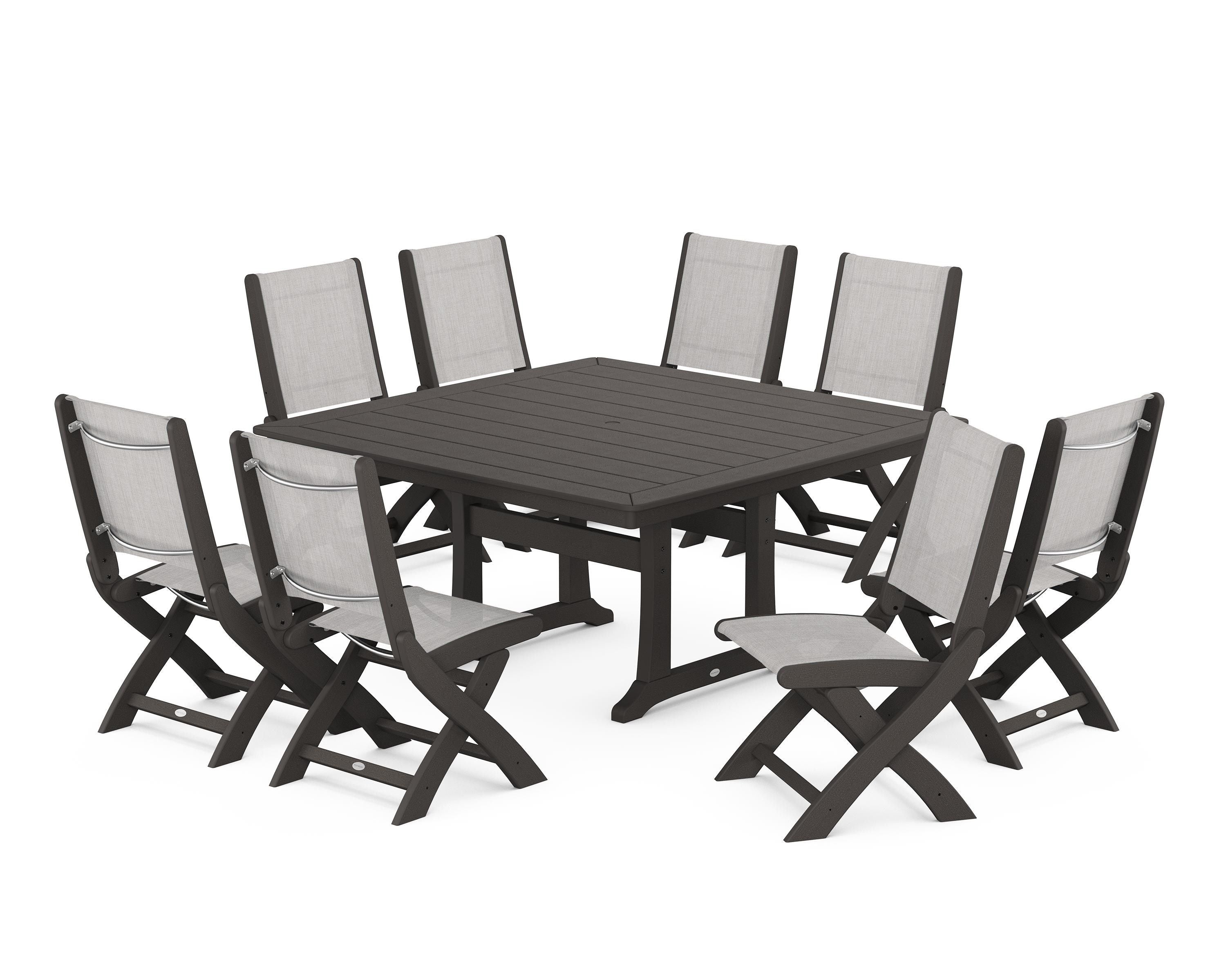 POLYWOOD Coastal Folding Side Chair 9-Piece Dining Set with Trestle Legs in Vintage Coffee / Parchment Sling