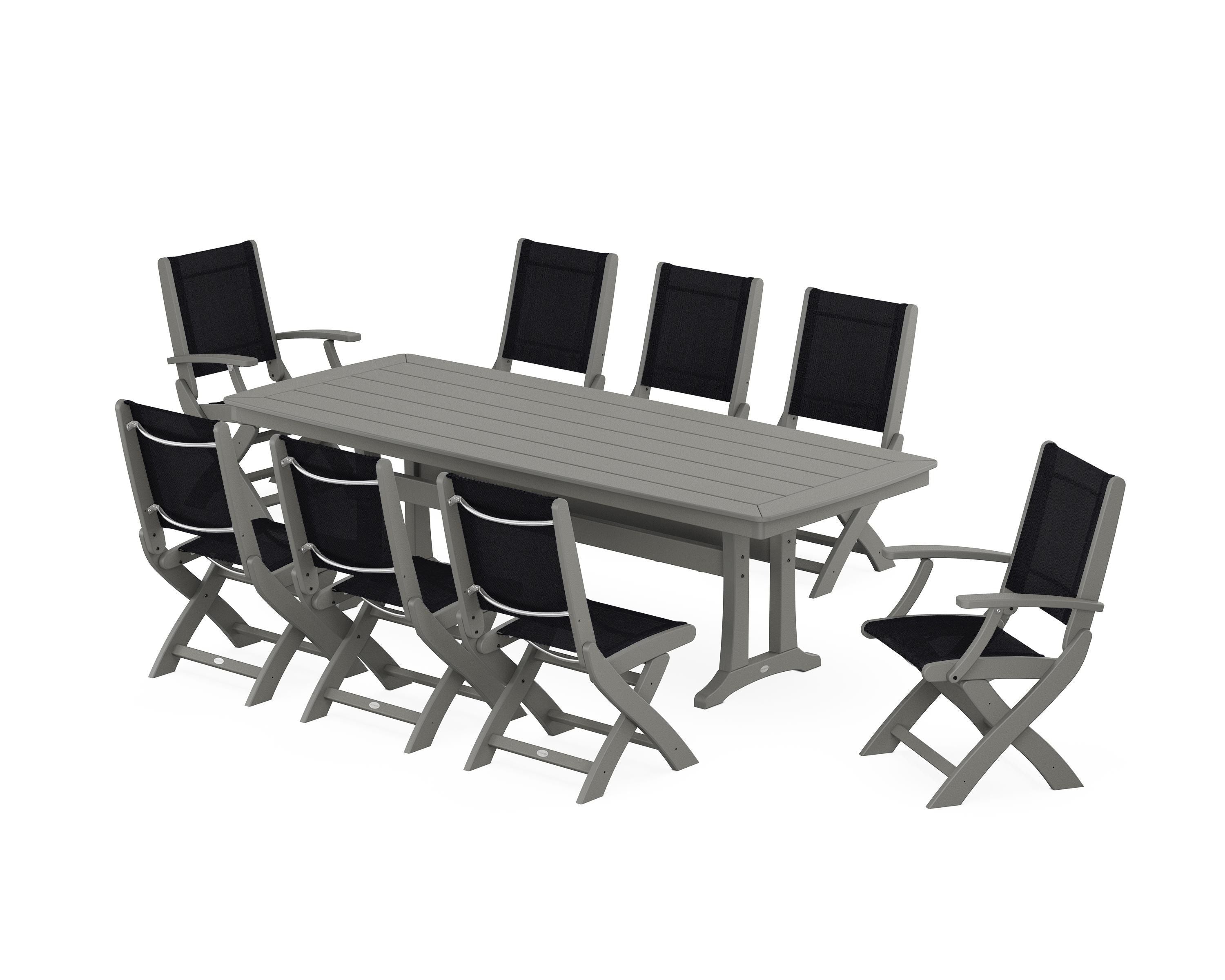 POLYWOOD Coastal Folding 9-Piece Dining Set with Trestle Legs in Slate Grey / Black Sling
