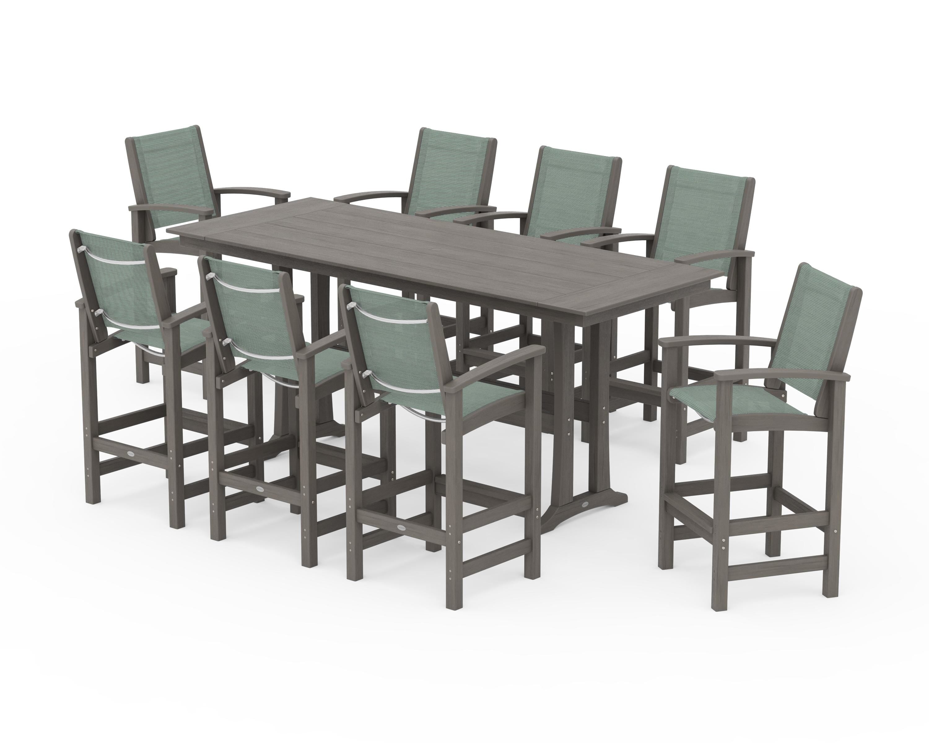 POLYWOOD Coastal 9-Piece Farmhouse Bar Set with Trestle Legs in Driftwood / Dupioni Sea Mist Sling