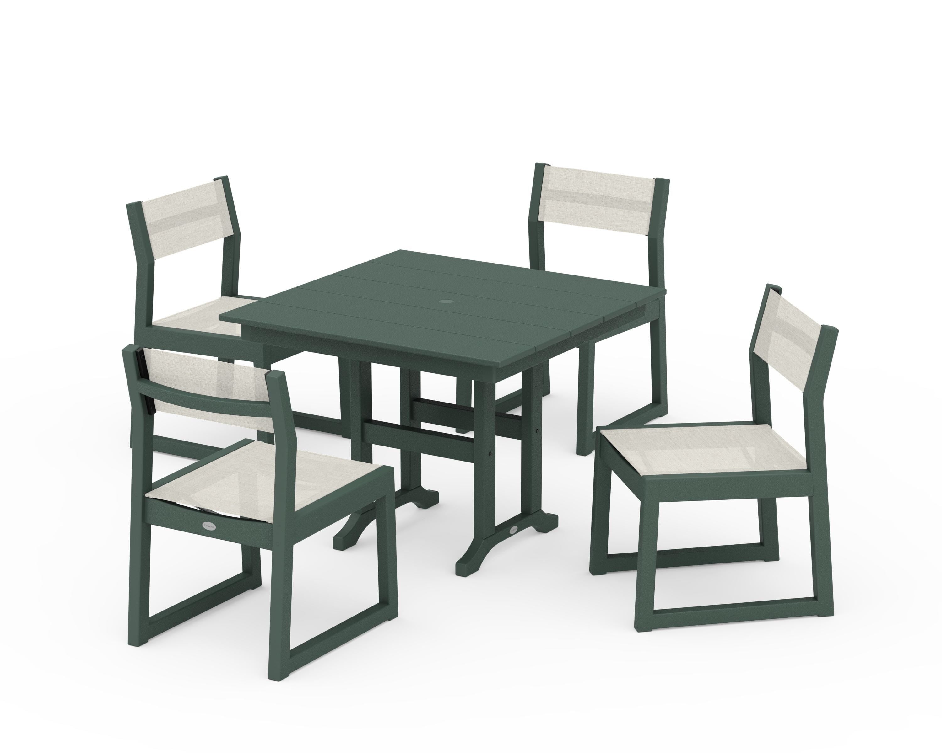 POLYWOOD EDGE Sling Side Chair 5-Piece Farmhouse Dining Set in Green / Parchment Sling