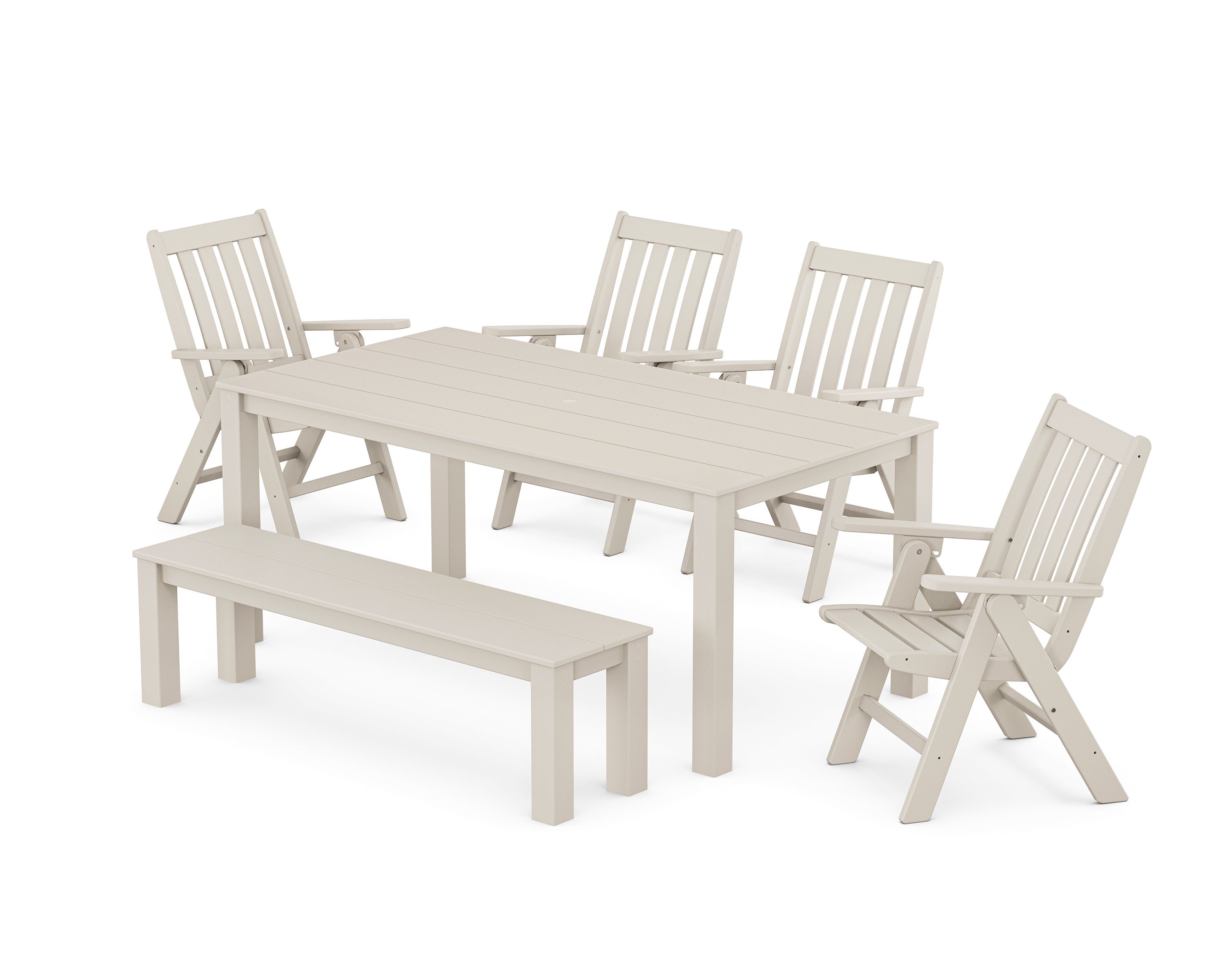 POLYWOOD Vineyard Folding Chair 6-Piece Parsons Dining Set with Bench in Sand