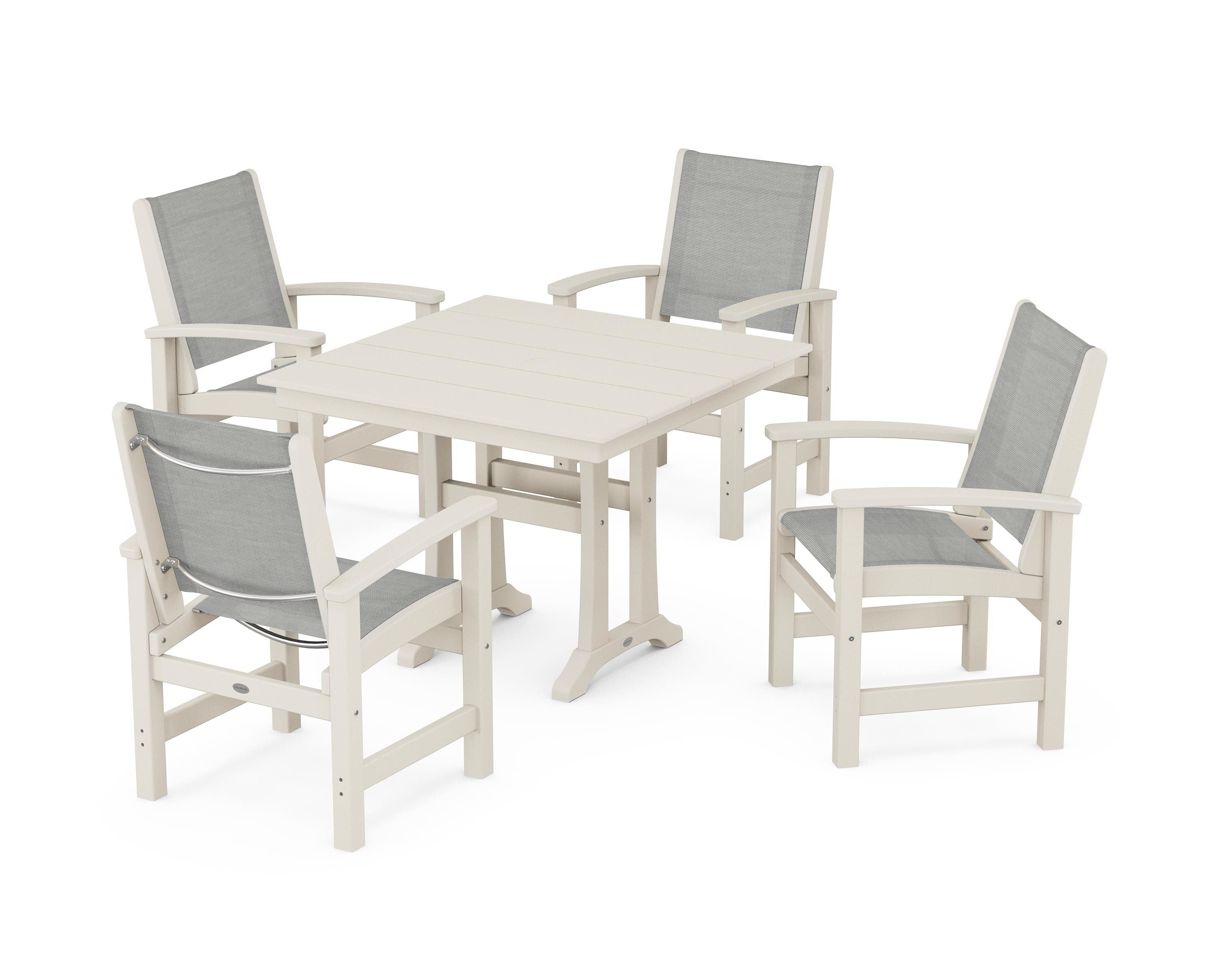 POLYWOOD Coastal 5-Piece Farmhouse Dining Set With Trestle Legs in Sand / Metallic Sling
