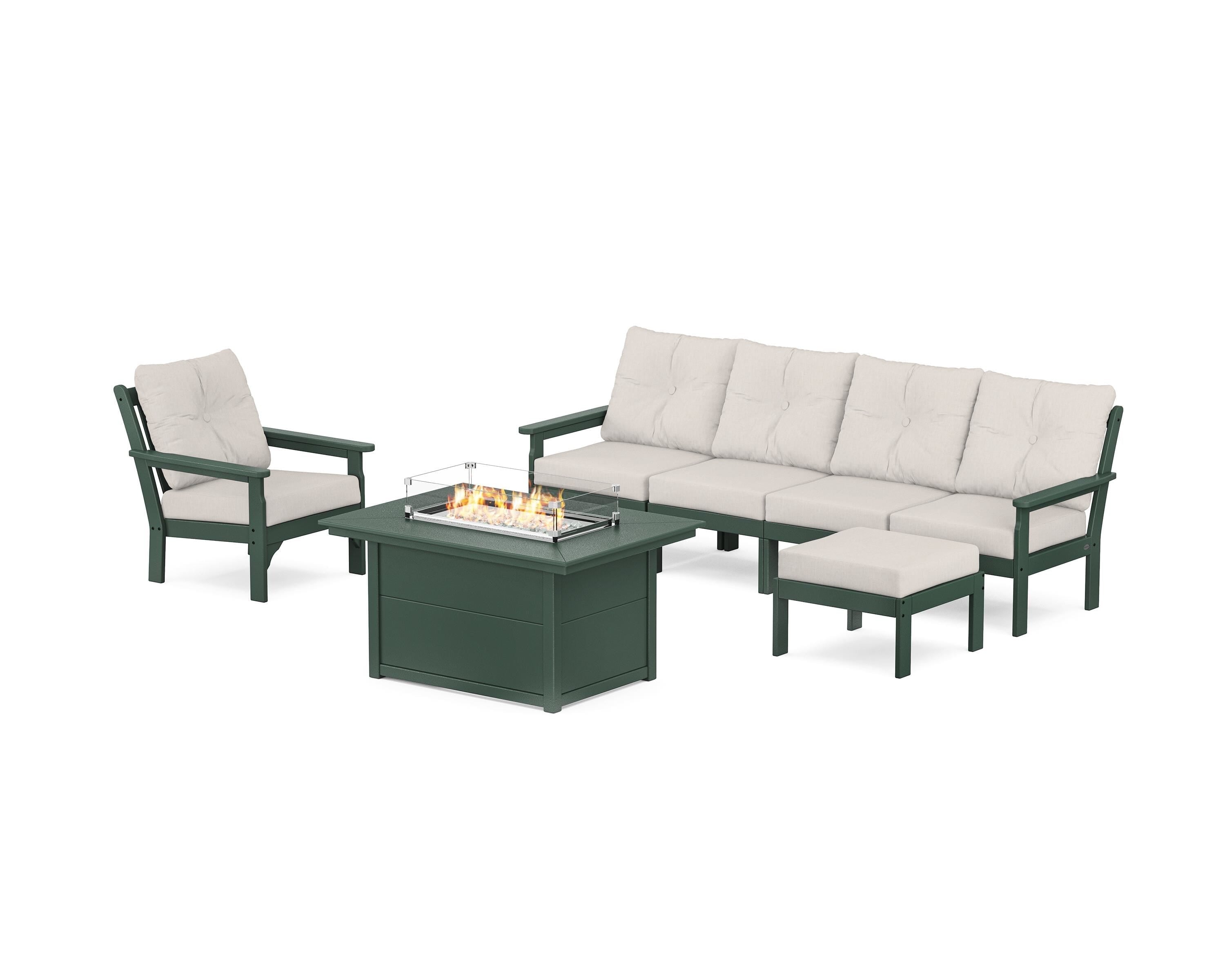 POLYWOOD Vineyard Sectional Lounge and Fire Pit Set in Green / Cast Ash