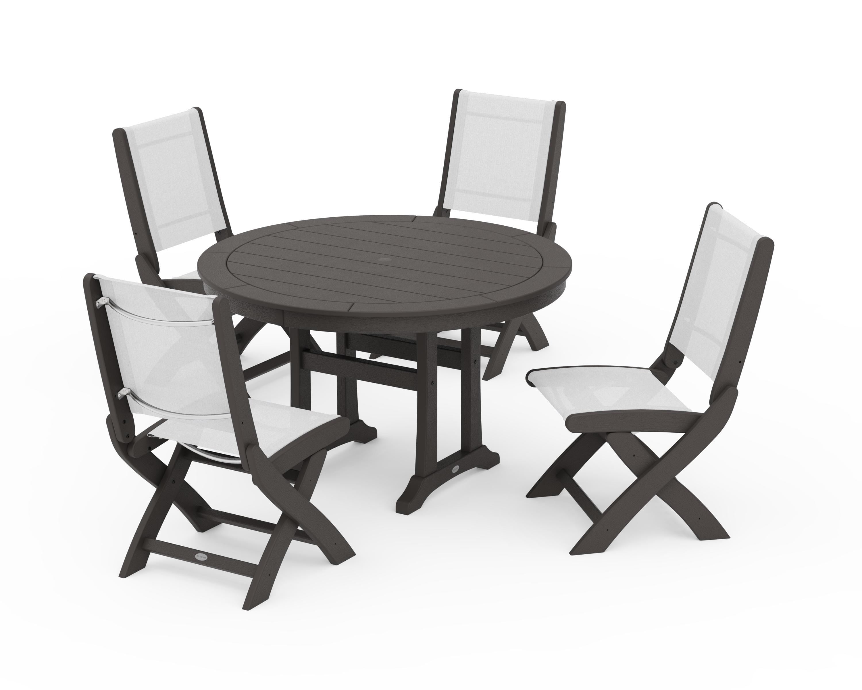 POLYWOOD Coastal Folding Side Chair 5-Piece Round Dining Set With Trestle Legs in Vintage Coffee / White Sling