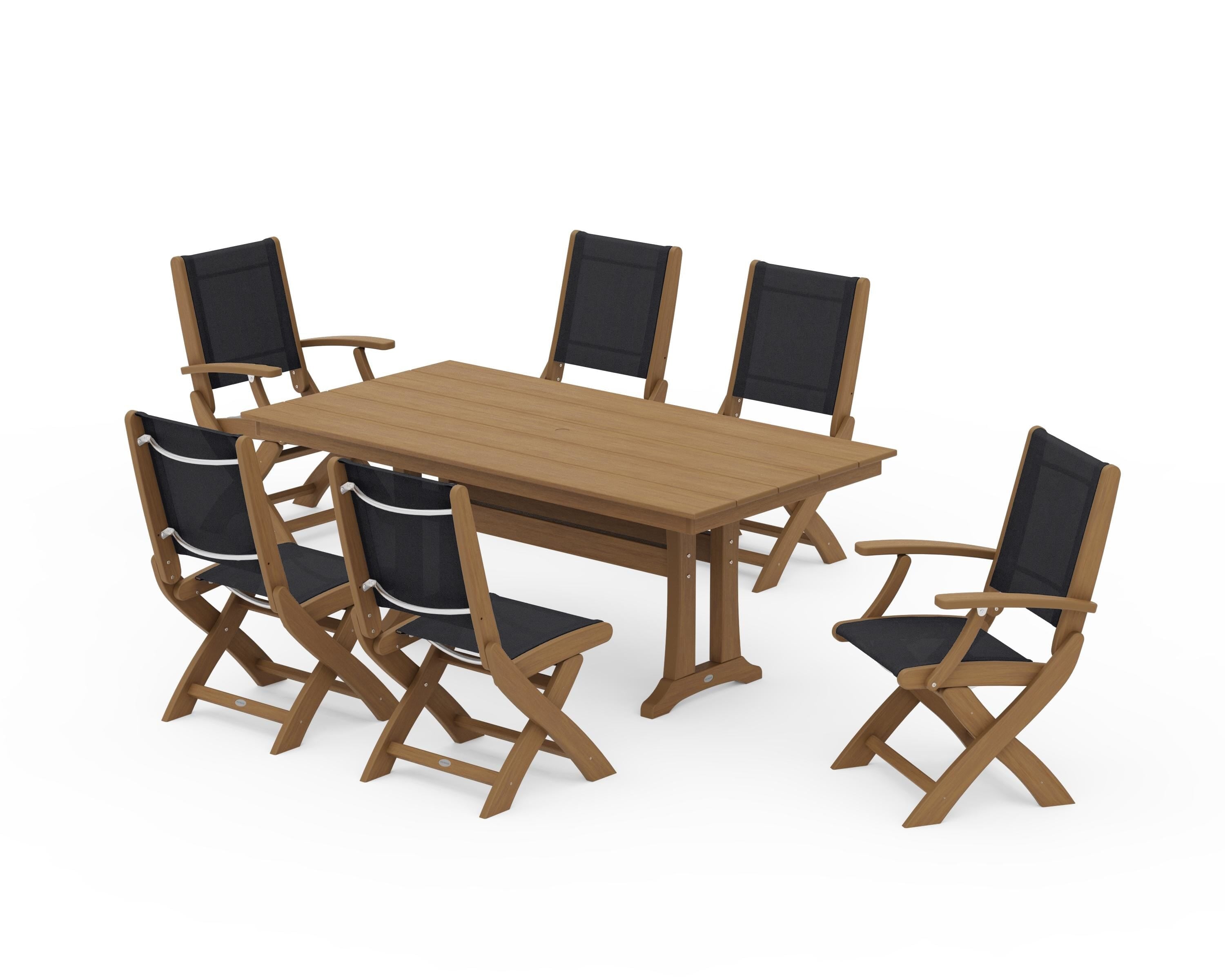 POLYWOOD Coastal Folding Chair 7-Piece Farmhouse Dining Set with Trestle Legs in Natural / Black Sling