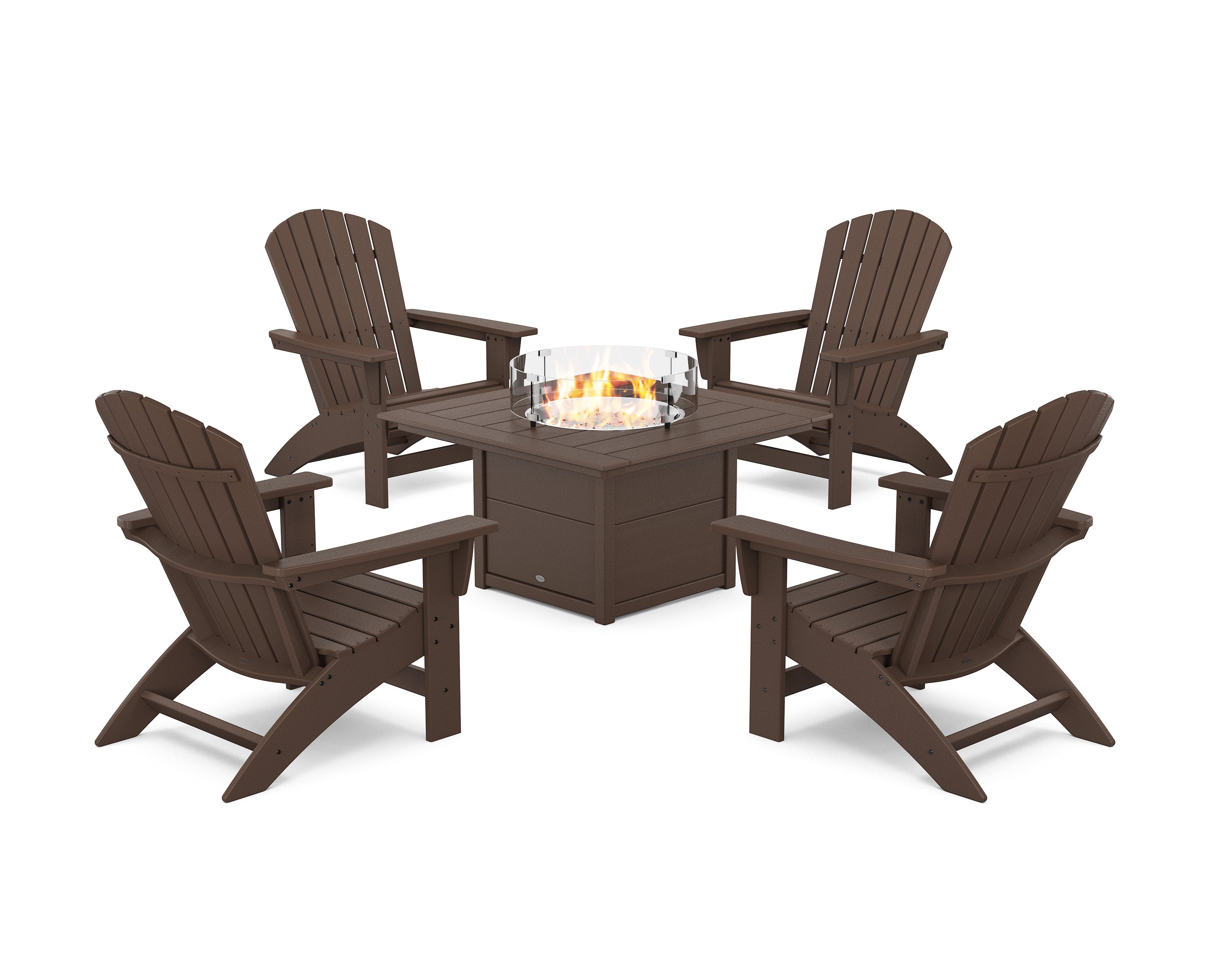 POLYWOOD 5-Piece Nautical Grand Adirondack Conversation Set with Fire Pit Table in Mahogany