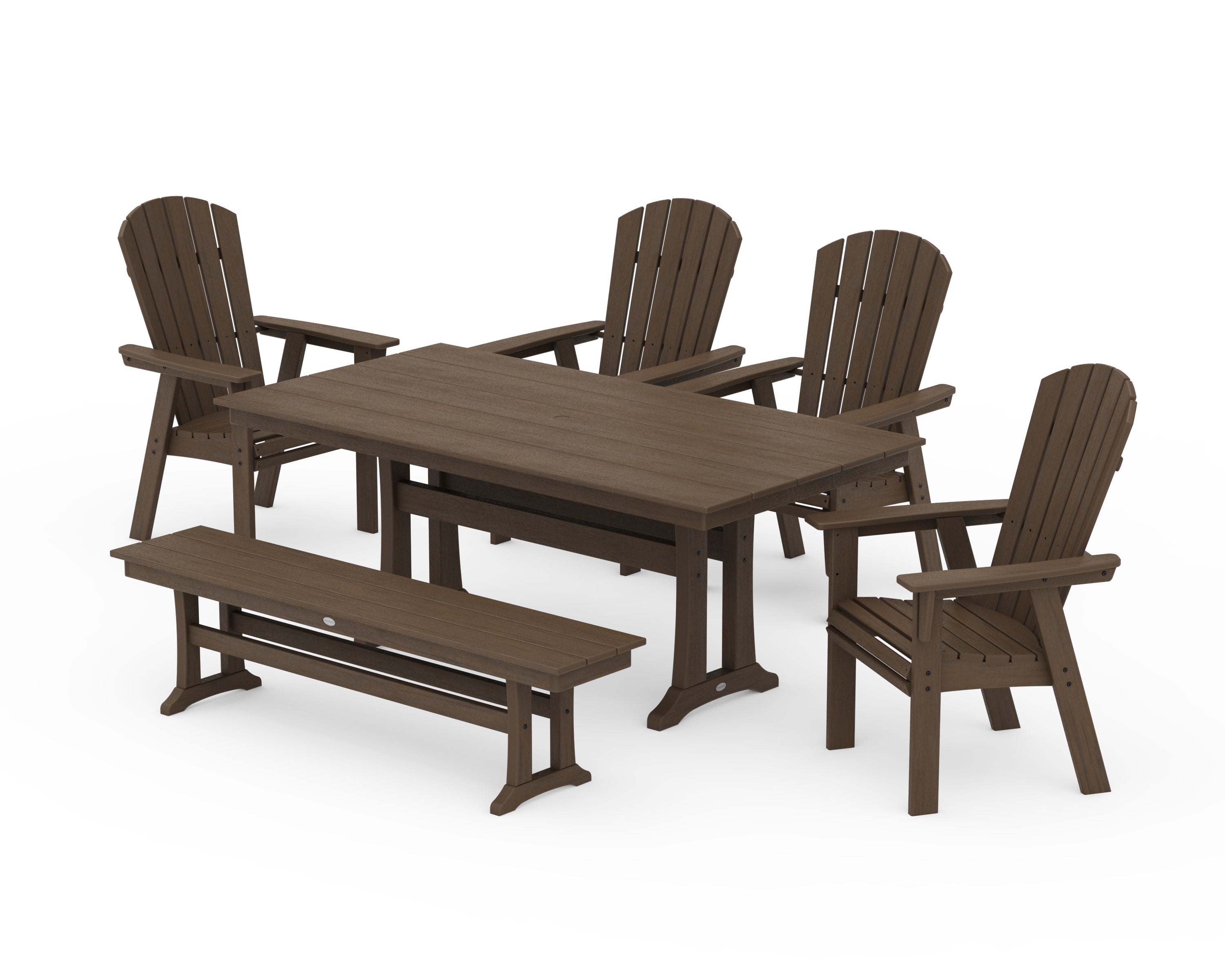 POLYWOOD Nautical Curveback Adirondack 6-Piece Farmhouse Dining Set with Trestle Legs and Bench in Kona