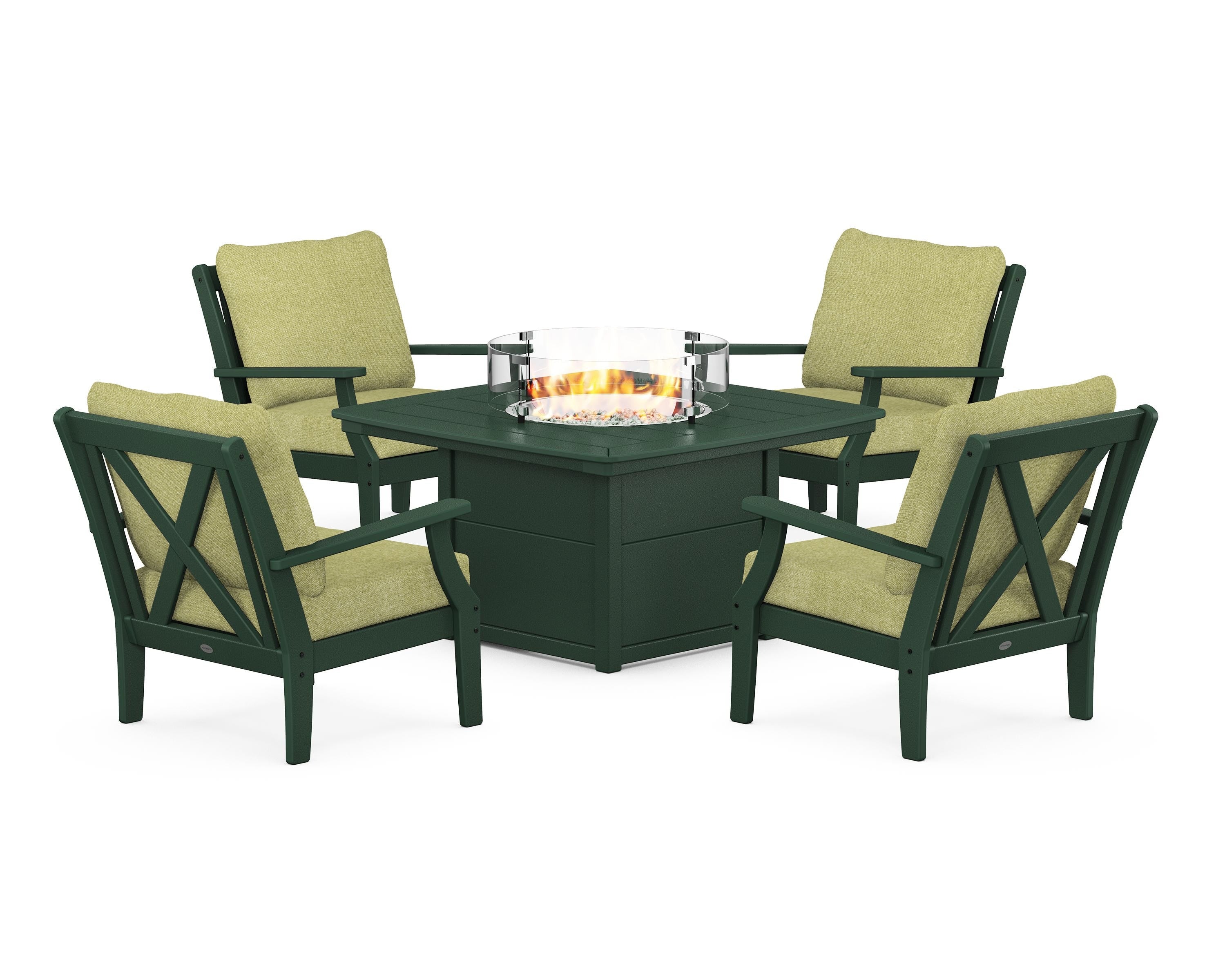 POLYWOOD Braxton 5-Piece Deep Seating Conversation Set with Fire Pit Table in Green / Chartreuse Boucle