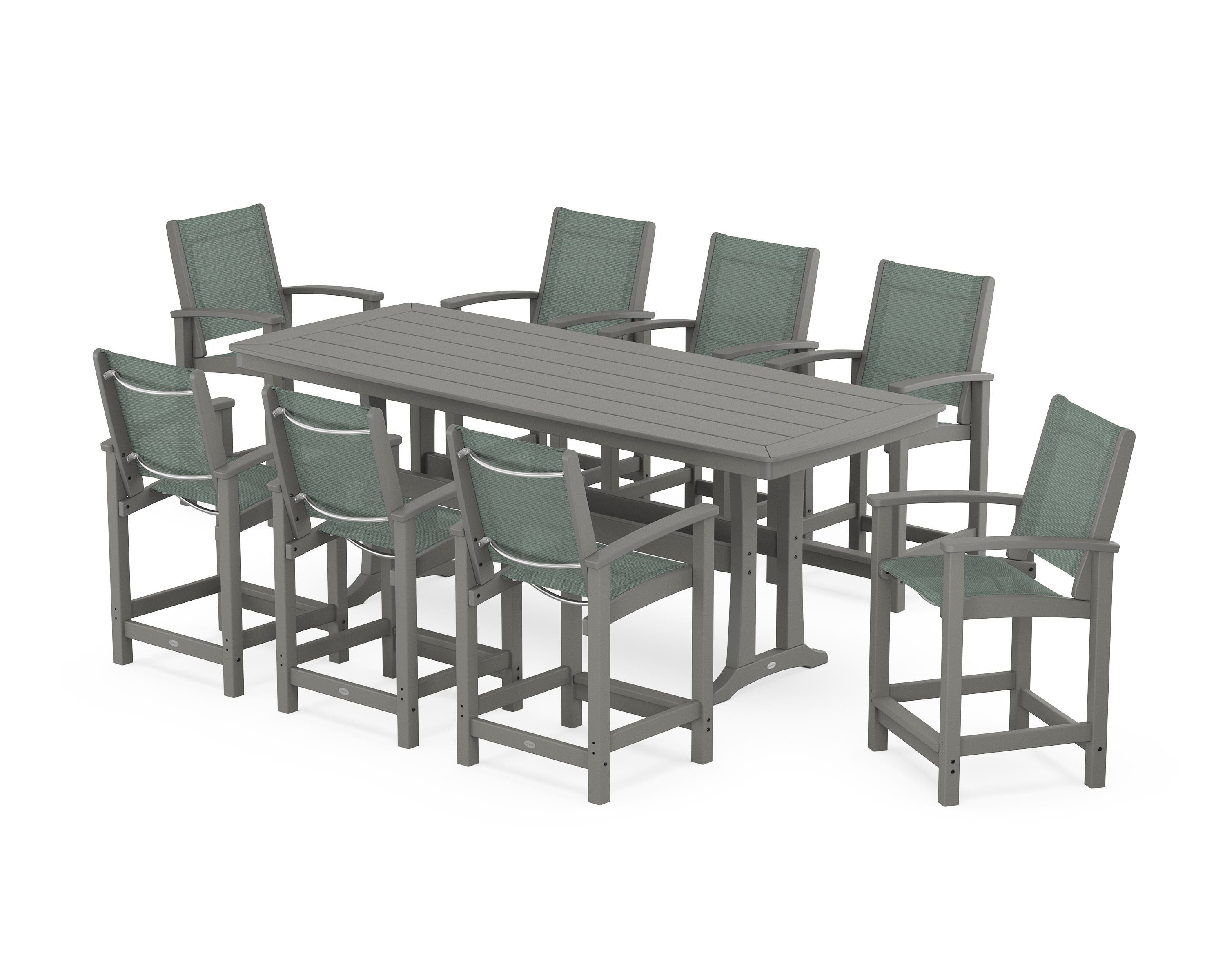 POLYWOOD Coastal 9-Piece Counter Set with Trestle Legs in Slate Grey / Dupioni Sea Mist Sling
