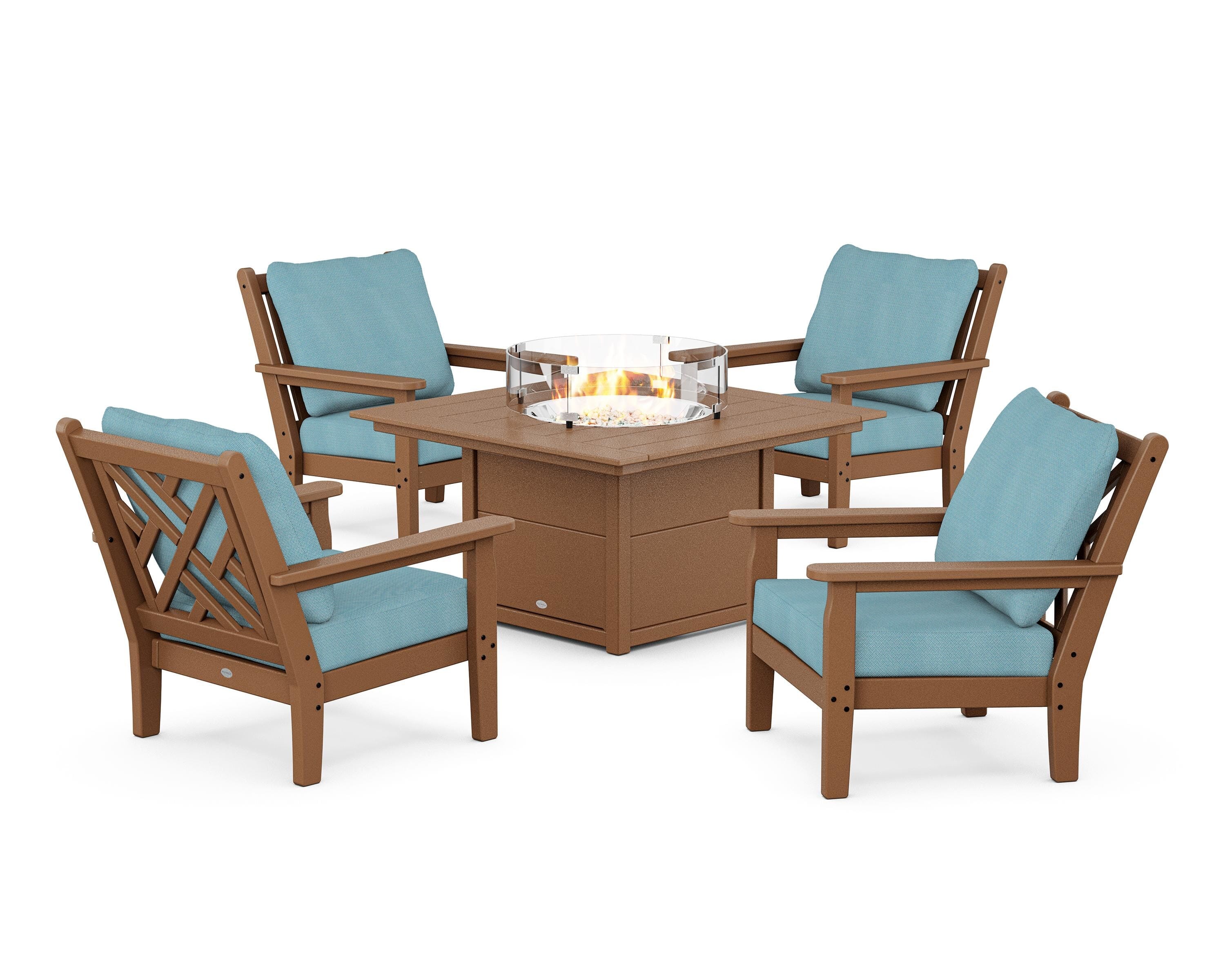 POLYWOOD Chippendale 5-Piece Deep Seating Set with Fire Pit Table in Teak / Lattice Sky Blue