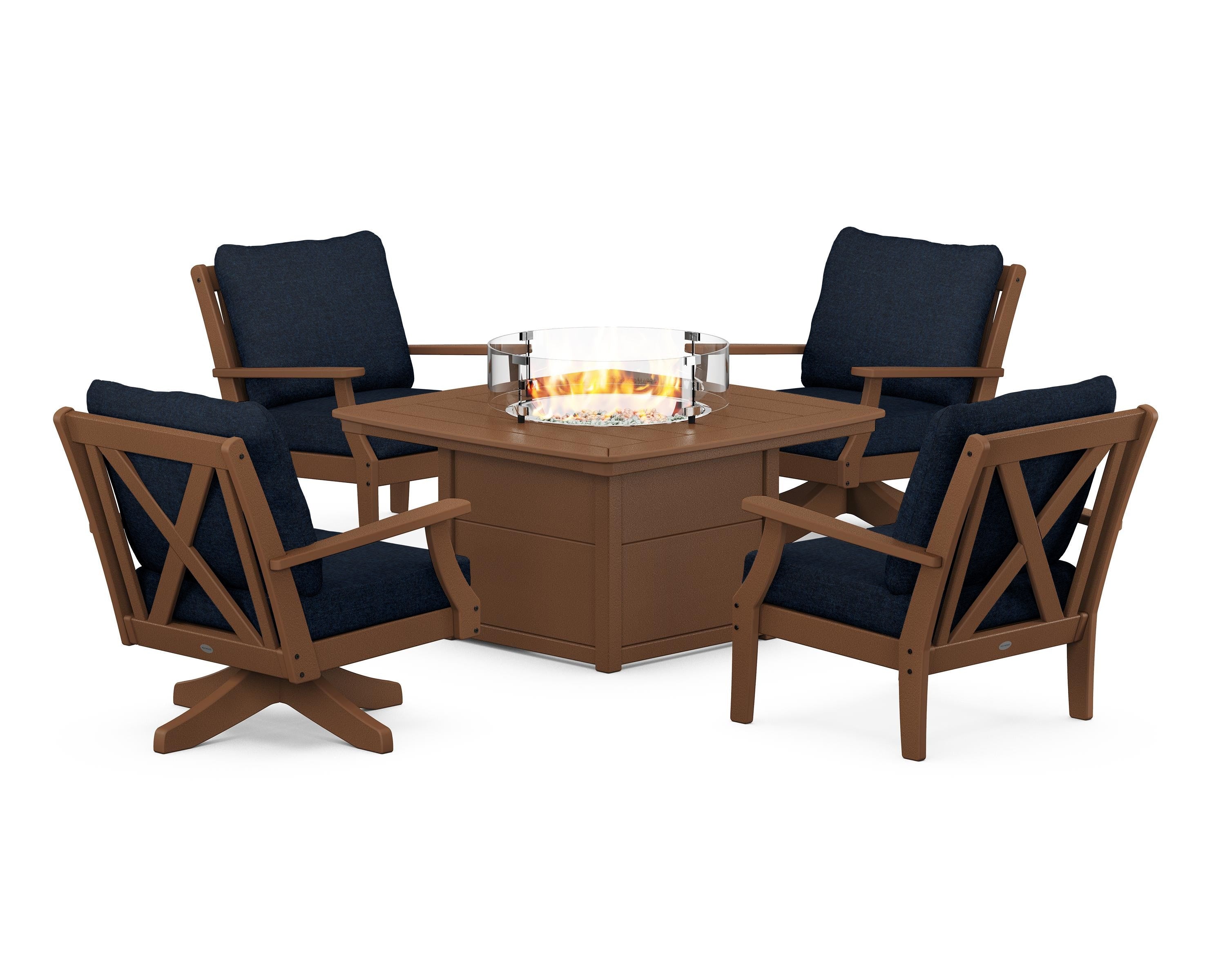 POLYWOOD Braxton 5-Piece Deep Seating Set with Fire Table in Teak / Marine Indigo