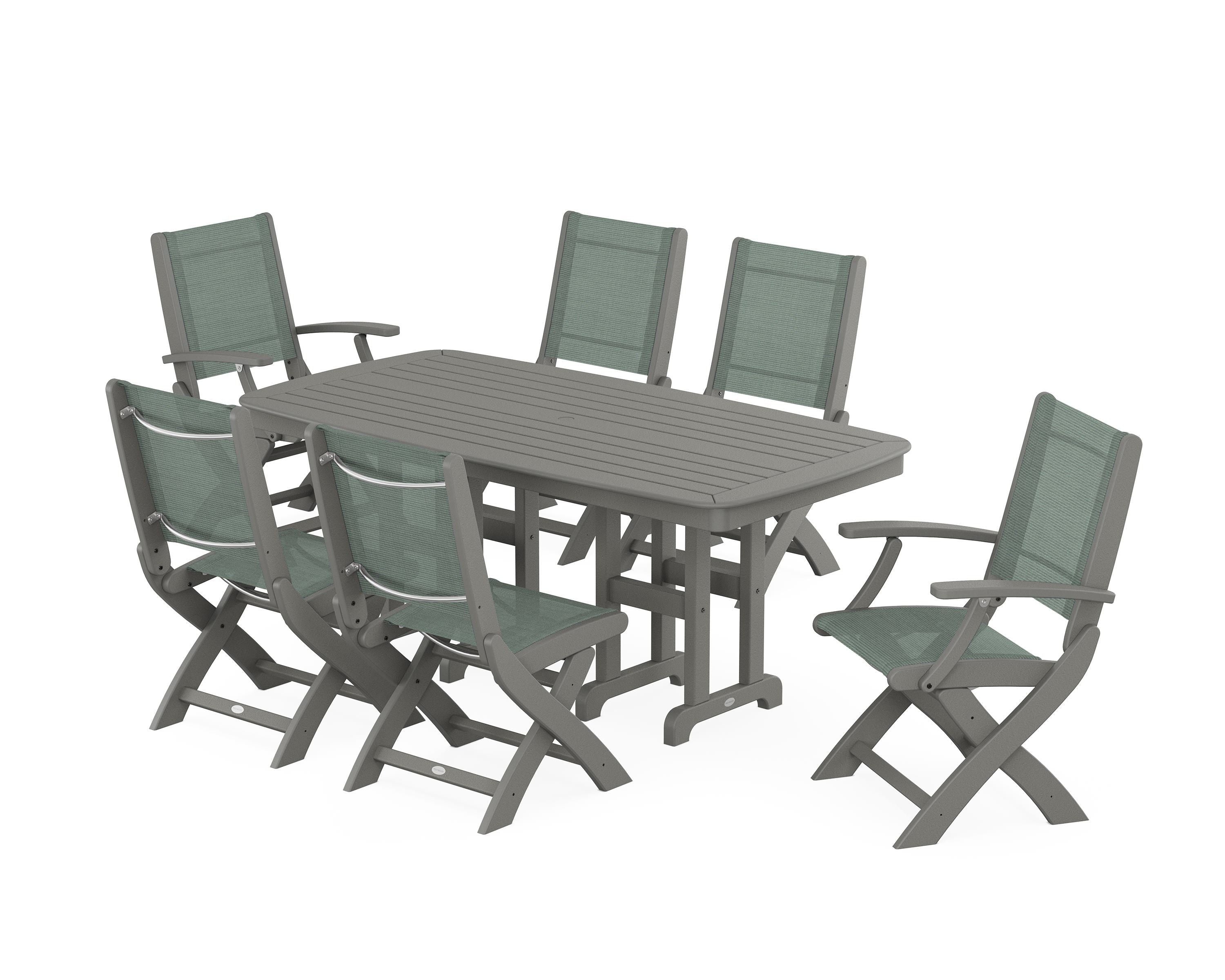 POLYWOOD Coastal Folding Chair 7-Piece Dining Set in Slate Grey / Dupioni Sea Mist Sling