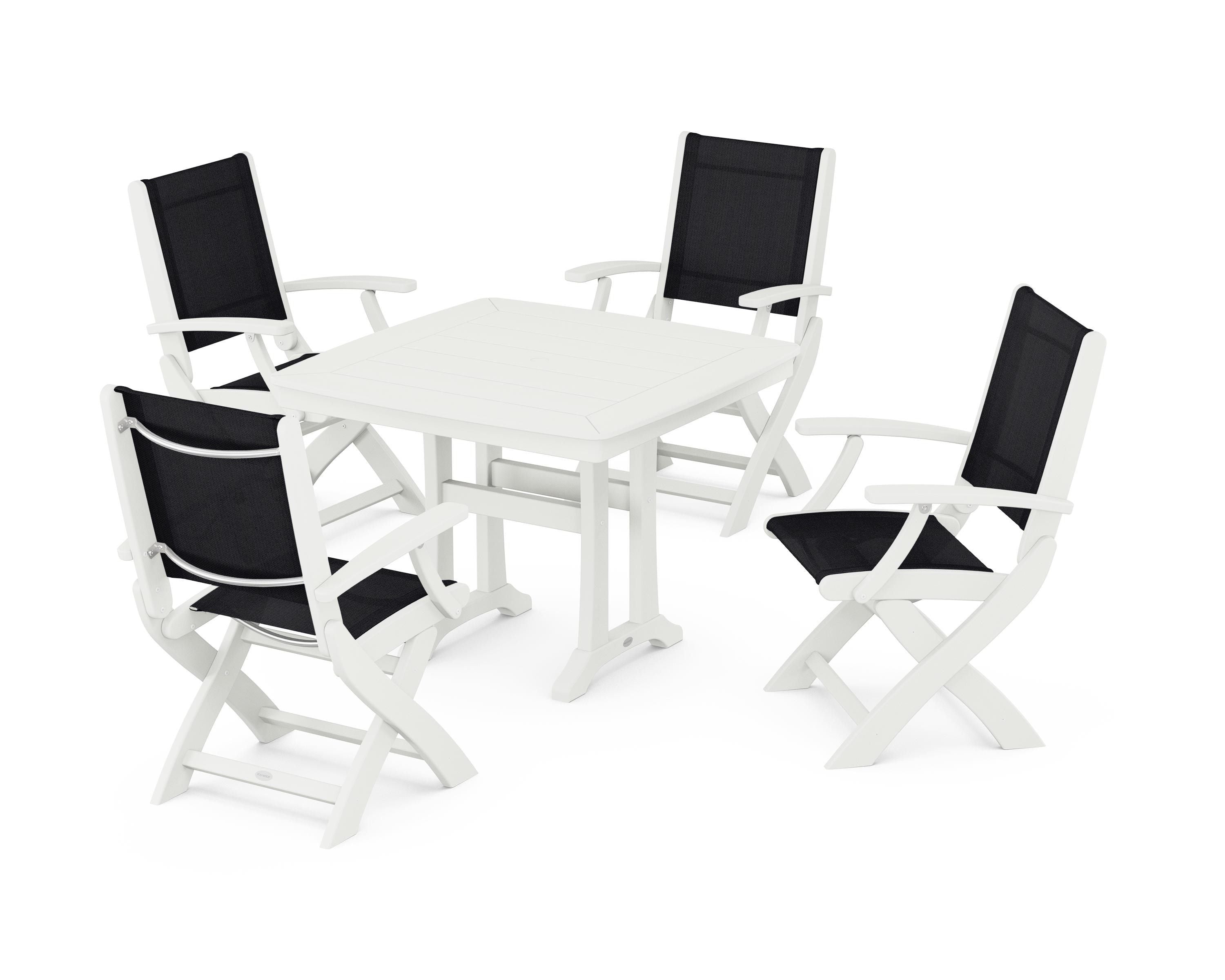 POLYWOOD Coastal Folding Chair 5-Piece Dining Set with Trestle Legs in Vintage White / Black Sling