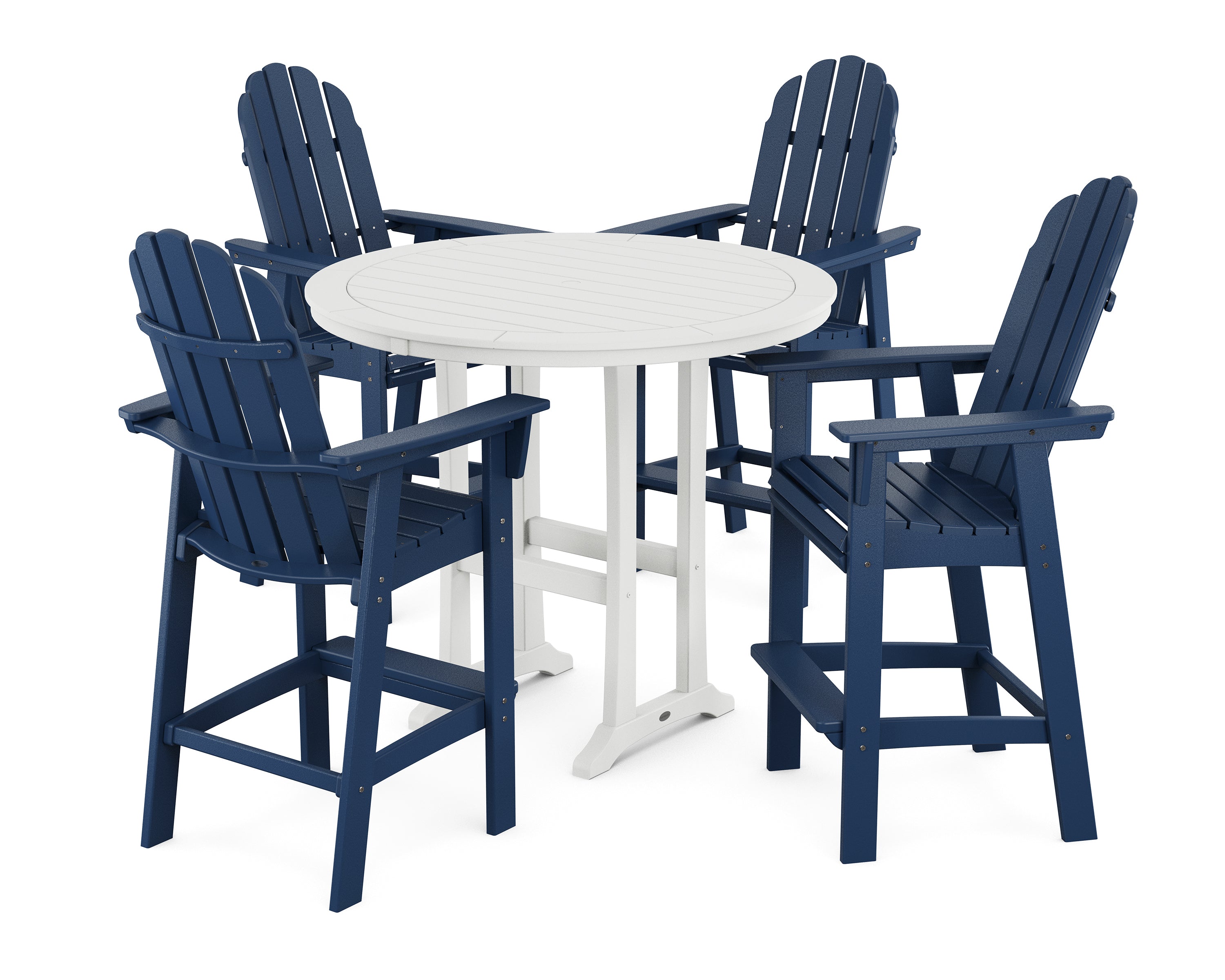 POLYWOOD® Vineyard Curveback Adirondack 5-Piece Nautical Trestle Bar Set in Navy / White
