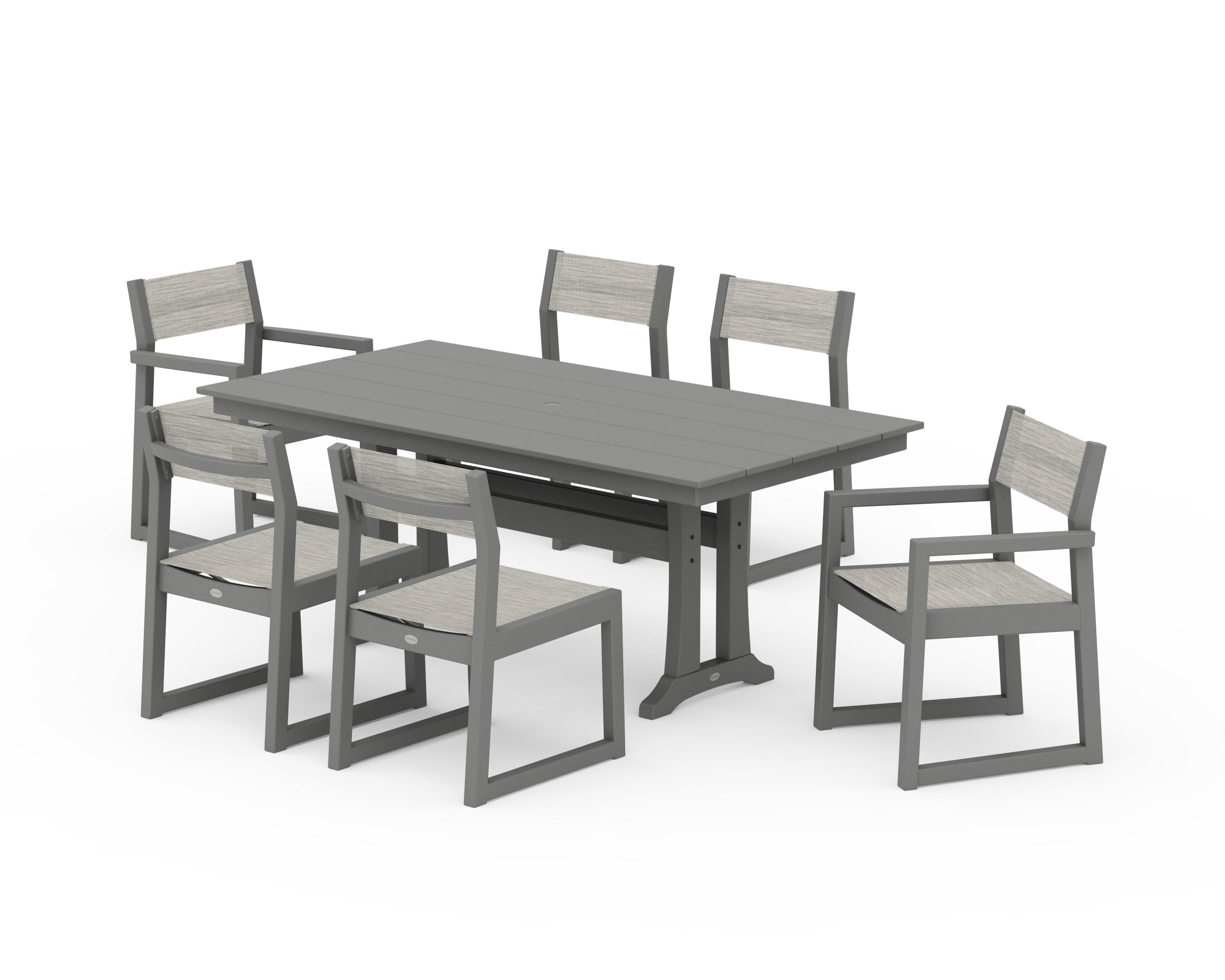 POLYWOOD EDGE Sling 7-Piece Farmhouse Trestle Dining Set in Slate Grey / Birch Sling