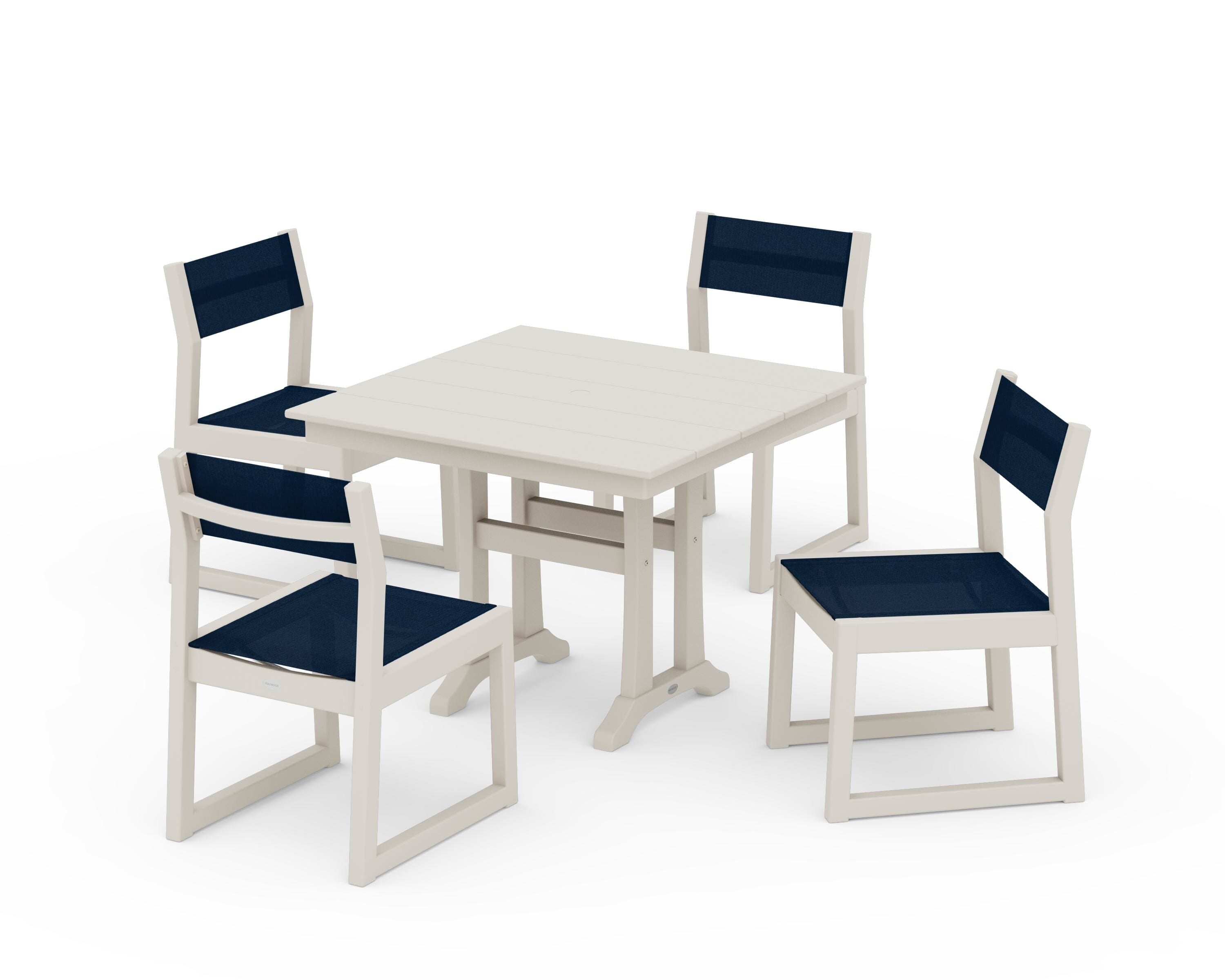 POLYWOOD EDGE Sling 5-Piece Farmhouse Trestle Side Chair Dining Set in Sand / Navy Blue Sling