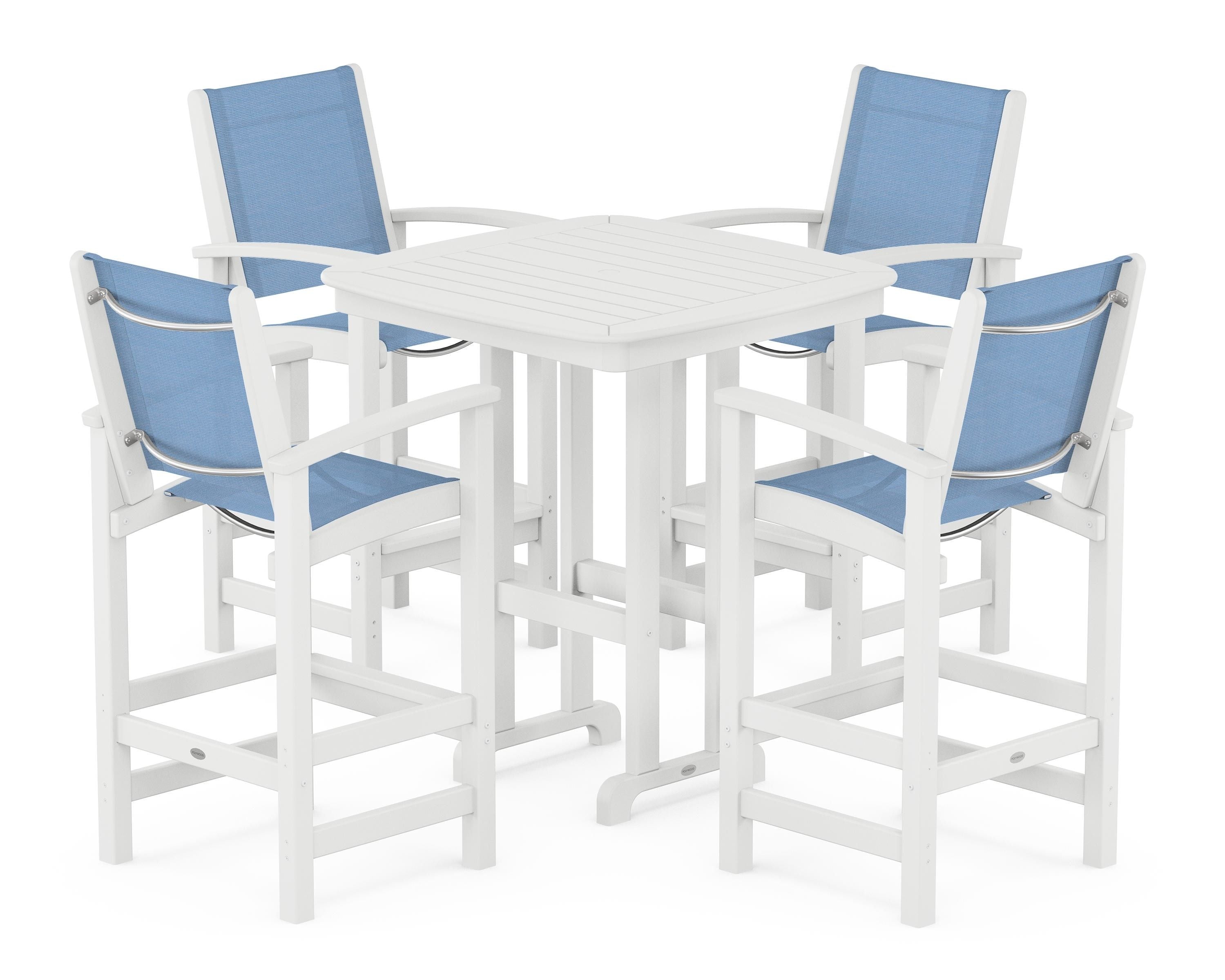 POLYWOOD Coastal 5-Piece Bar Set in White / Poolside Sling