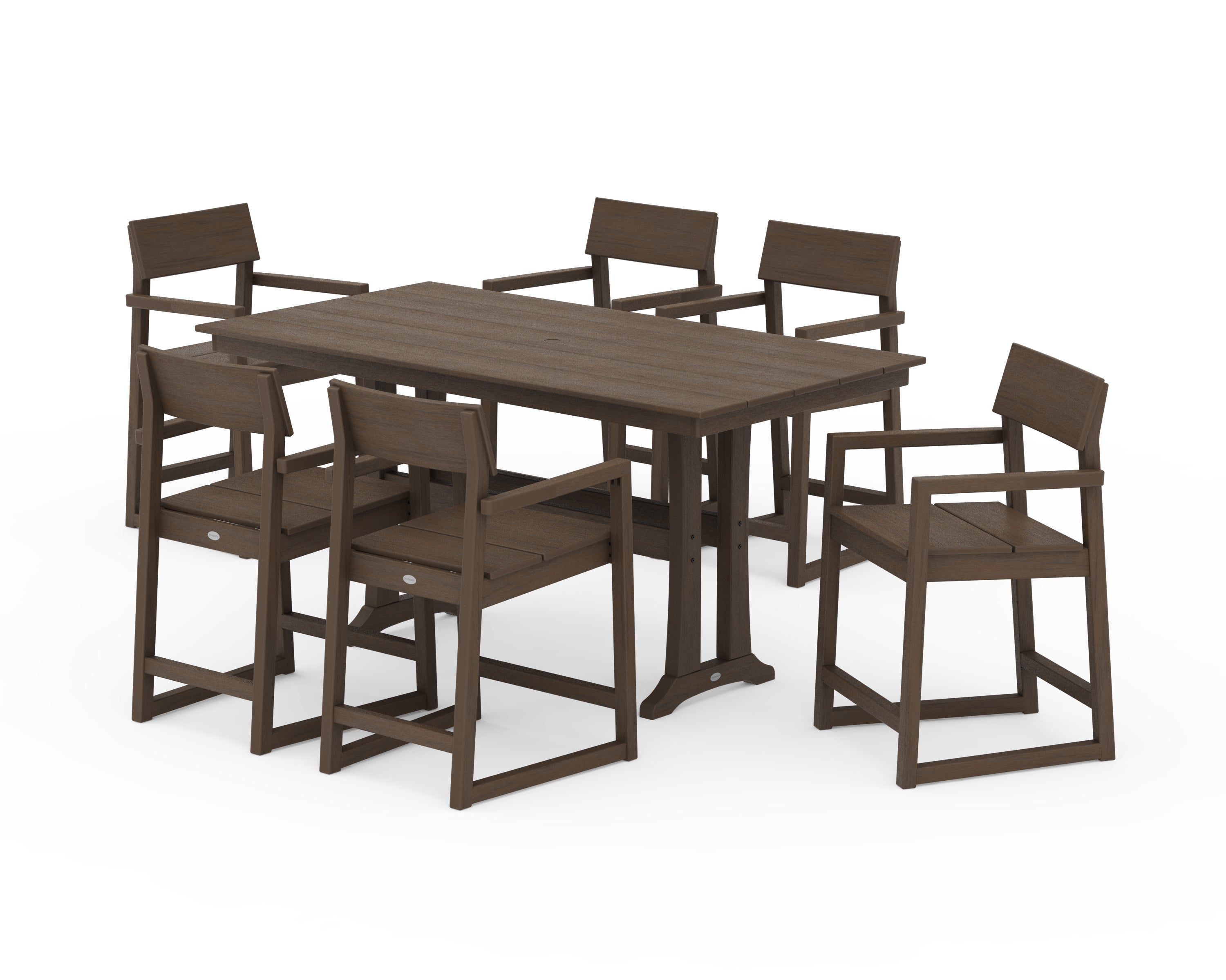 POLYWOOD EDGE Arm Chair 7-Piece Farmhouse Counter Set with Trestle Legs in Kona