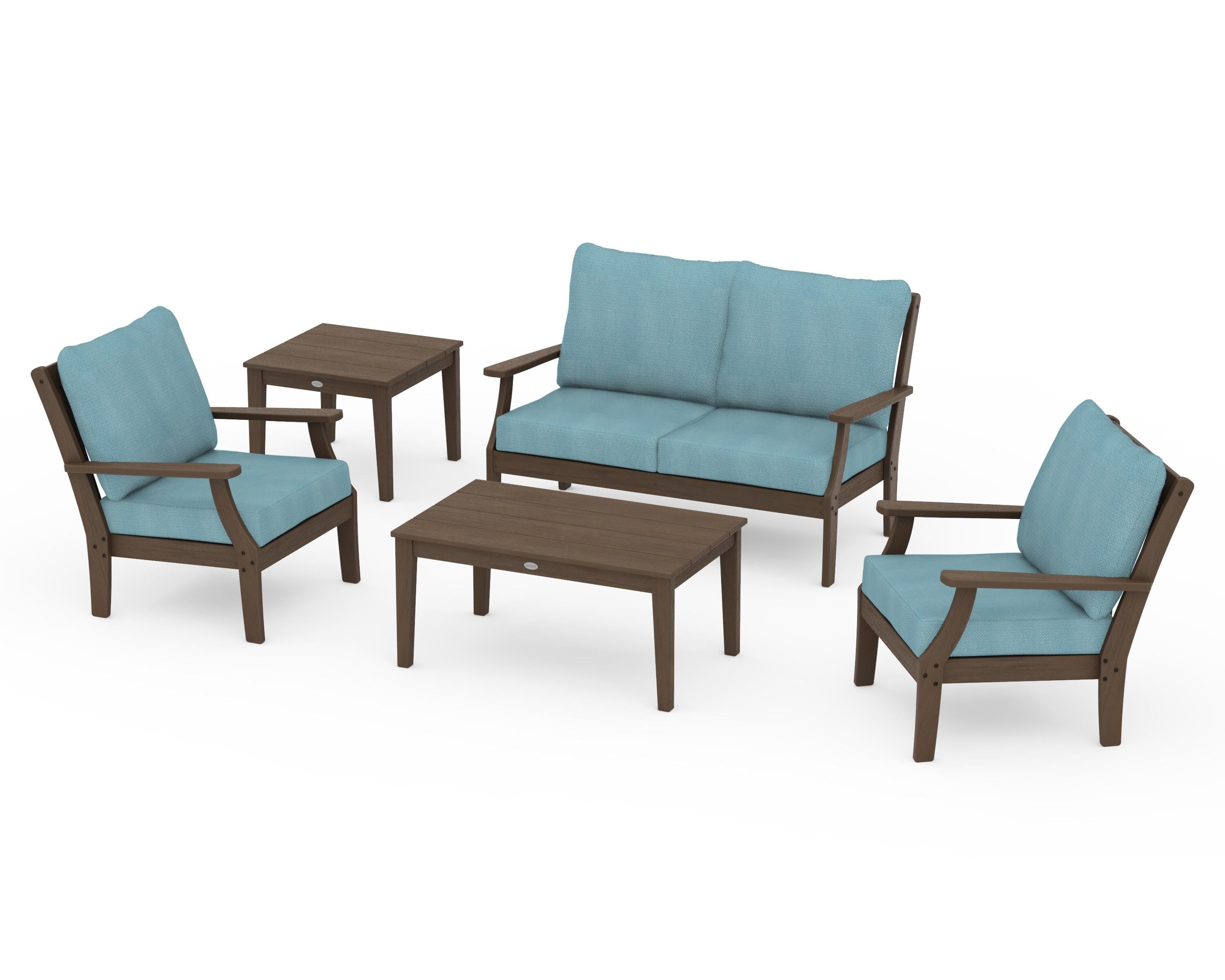 POLYWOOD Braxton 5-Piece Deep Seating Set in Kona / Lattice Sky Blue