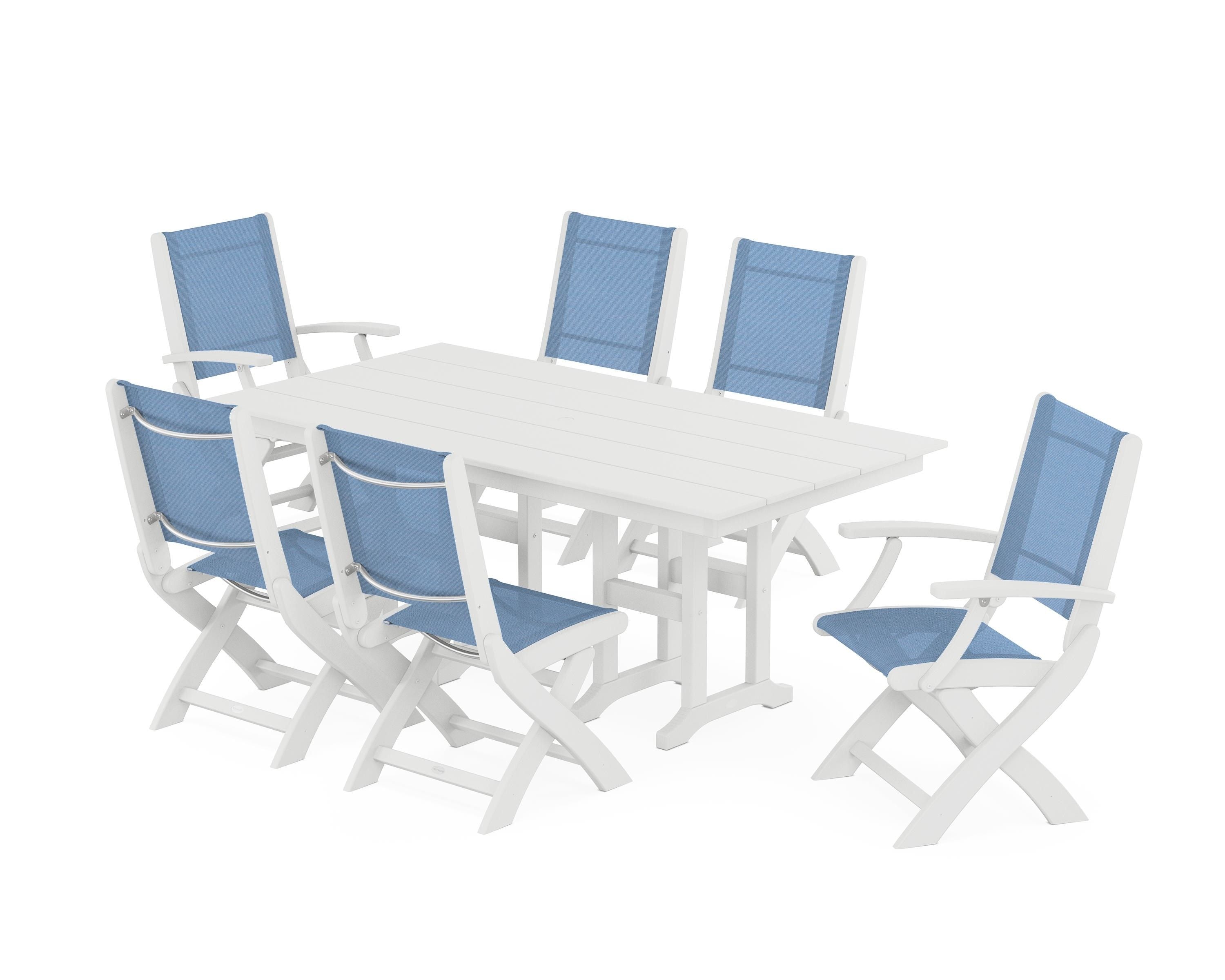 POLYWOOD Coastal Folding Chair 7-Piece Farmhouse Dining Set in White / Poolside Sling