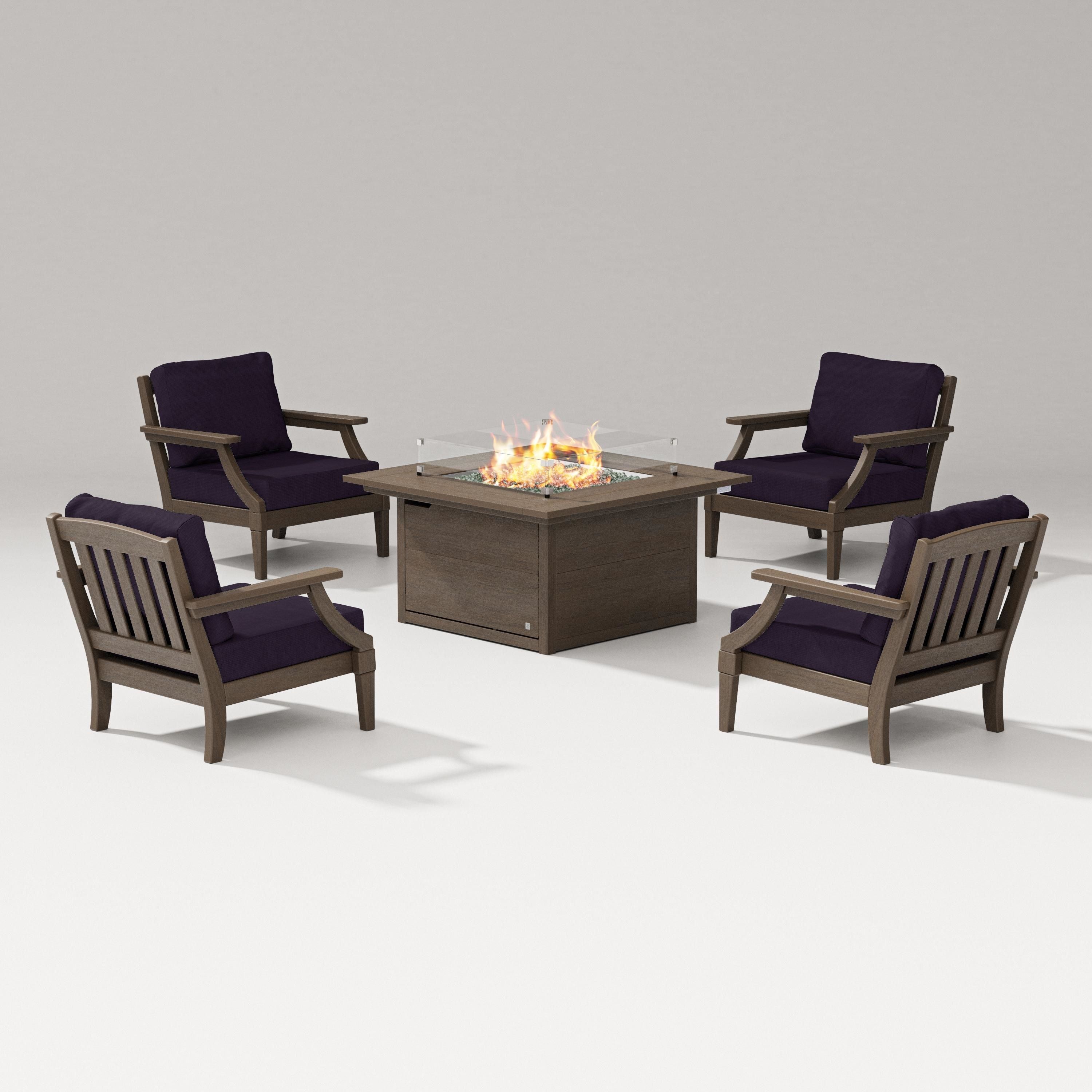 PW Designer Series Estate 5-Piece Lounge Fire Table Set in Kona / Navy Linen