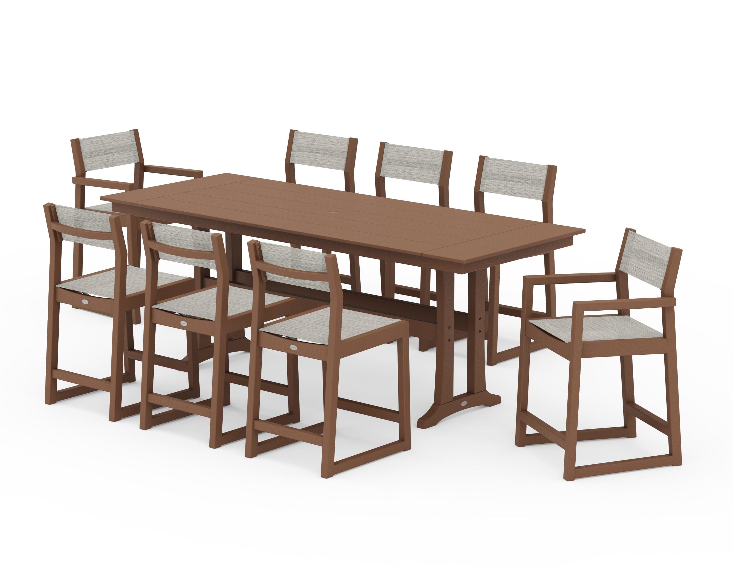 POLYWOOD EDGE Sling 9-Piece Farmhouse Counter Set with Trestle Legs in Teak / Birch Sling
