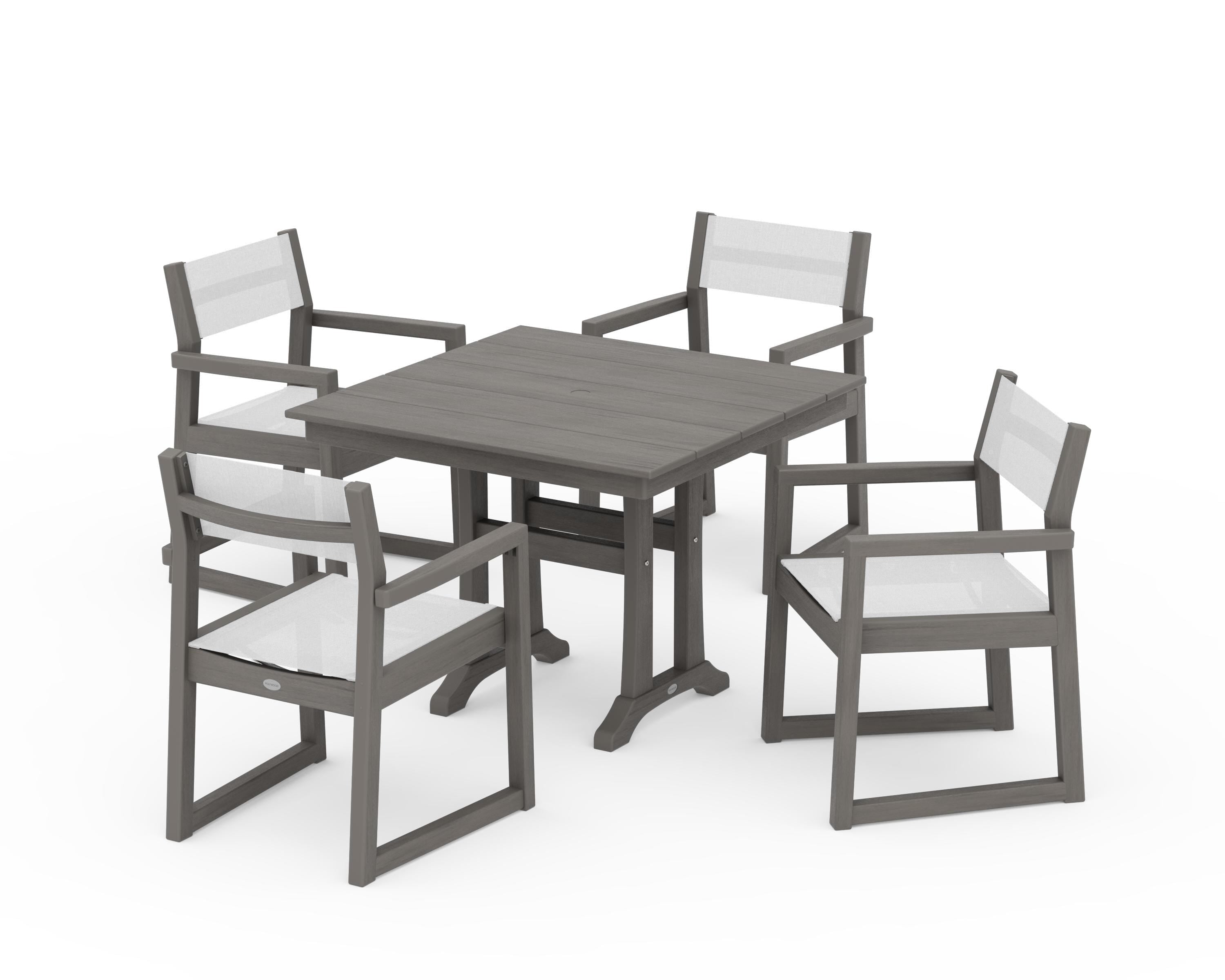 POLYWOOD EDGE Sling 5-Piece Farmhouse Dining Set with Trestle Legs in Driftwood / White Sling