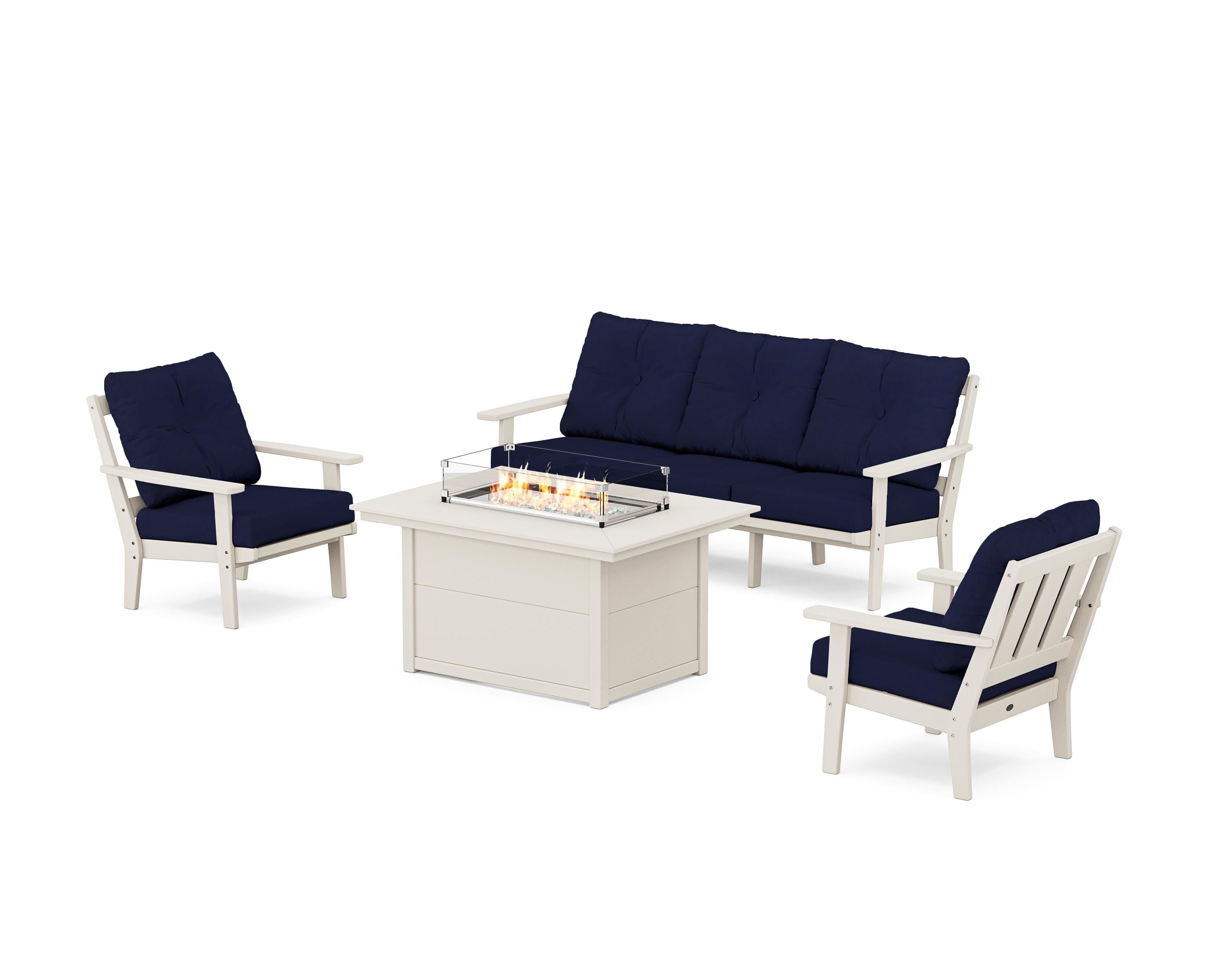 POLYWOOD Oxford Deep Seating Fire Pit Table Set in Sand / Navy