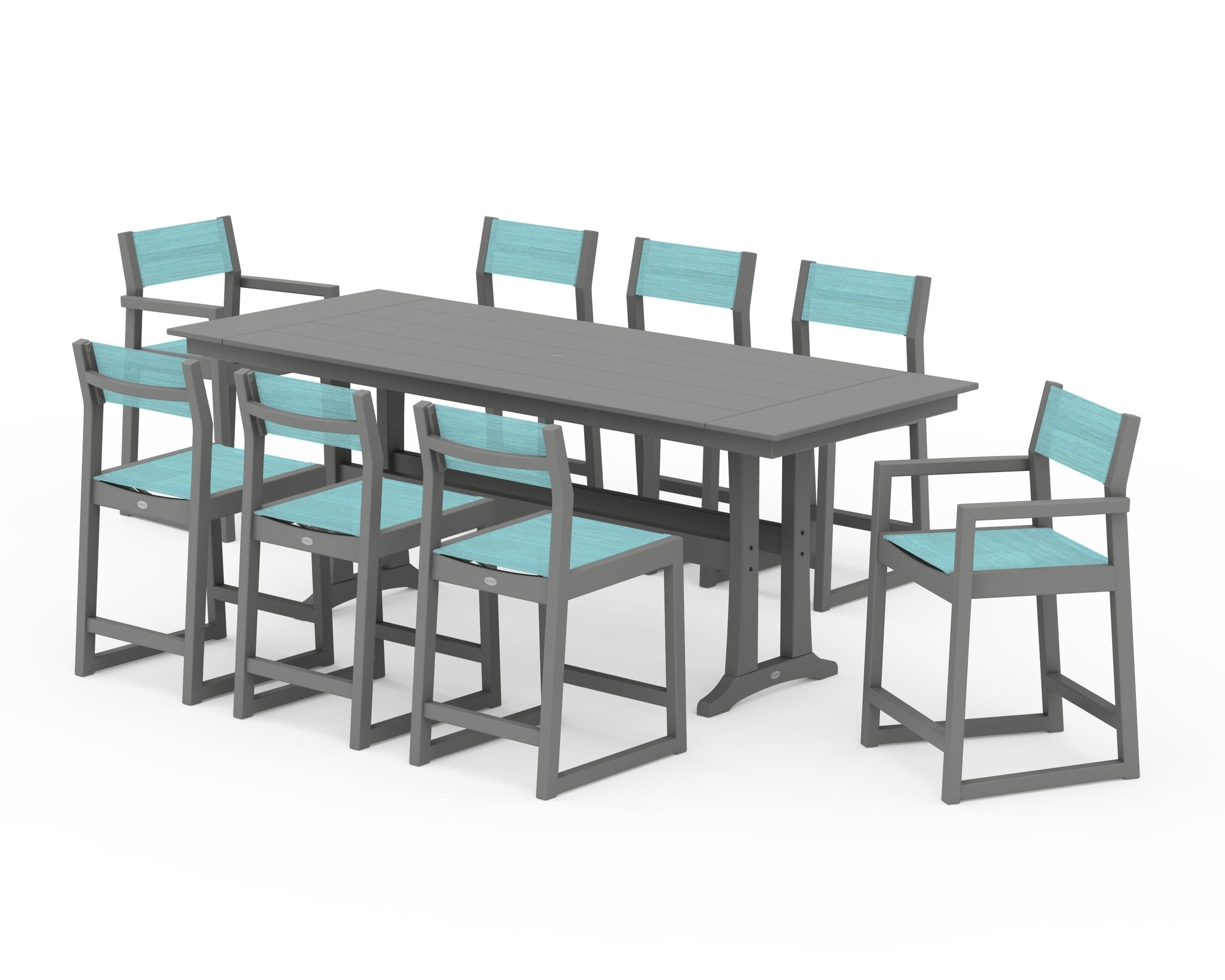 POLYWOOD EDGE Sling 9-Piece Farmhouse Counter Set with Trestle Legs in Slate Grey / Dupioni Aquamarine Sling