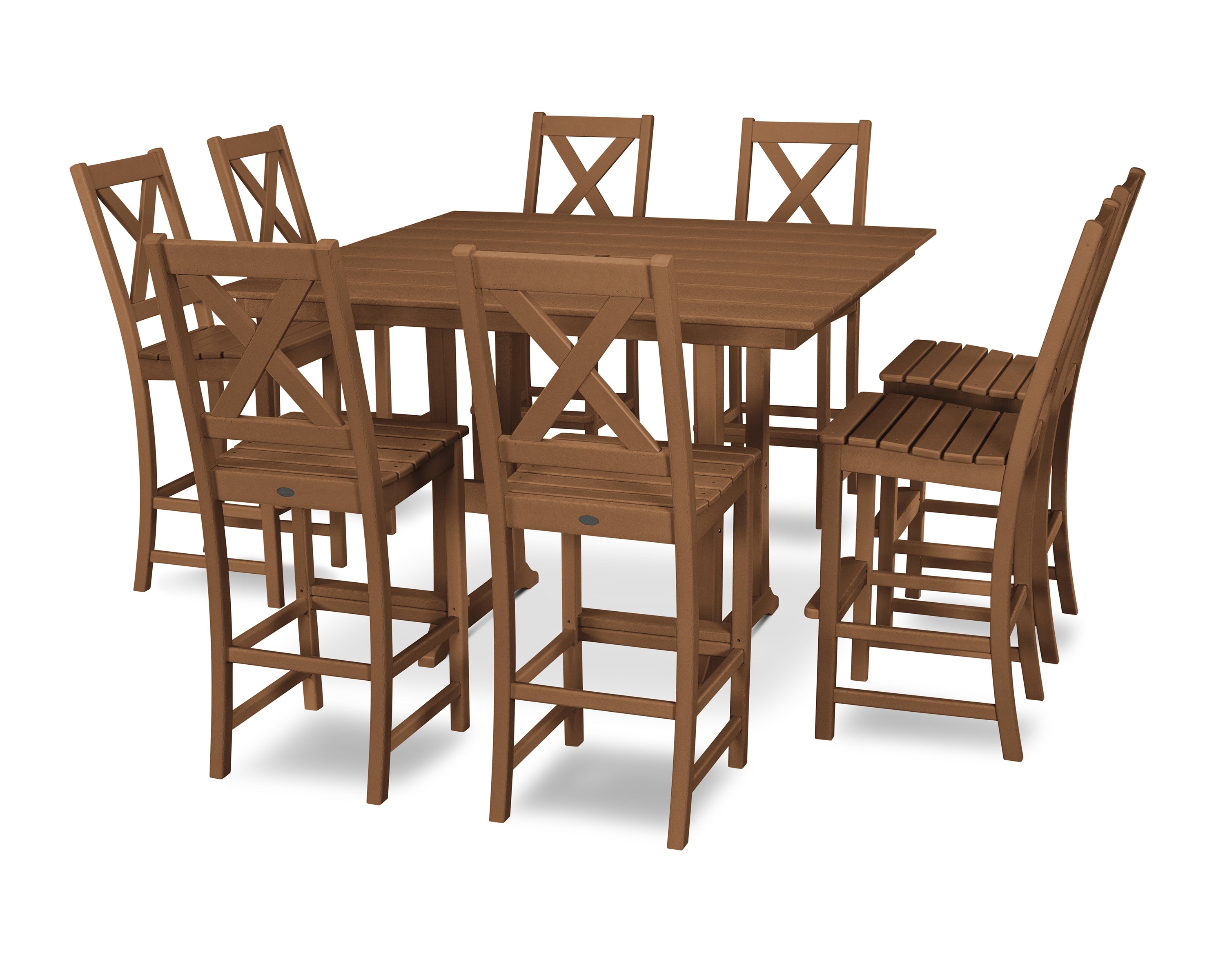 POLYWOOD® Braxton 9-Piece Farmhouse Trestle Bar Set in Teak