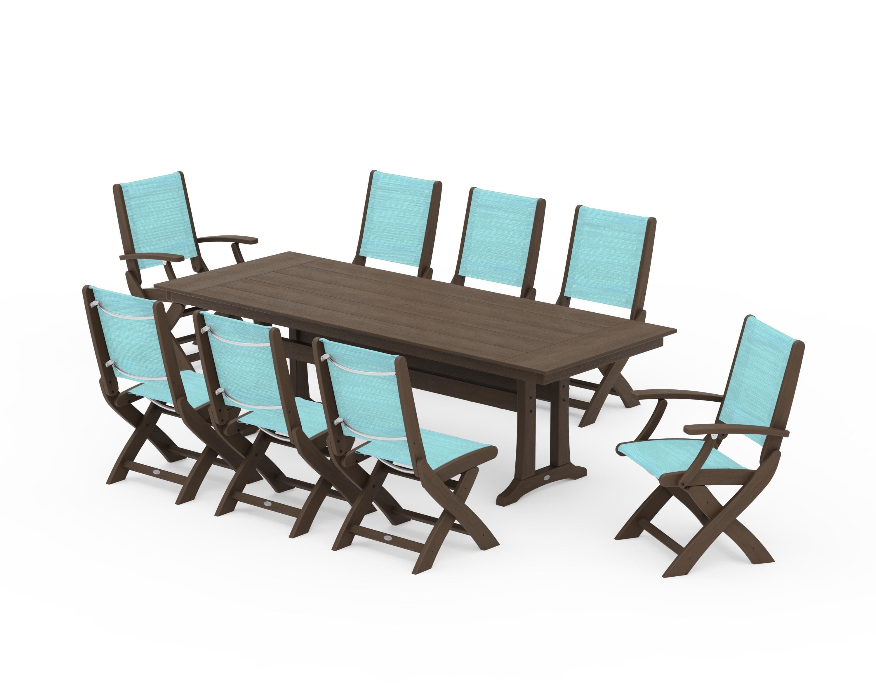 POLYWOOD Coastal 9-Piece Folding Dining Chair Farmhouse Dining Set with Trestle Legs in Kona / Dupioni Aquamarine Sling