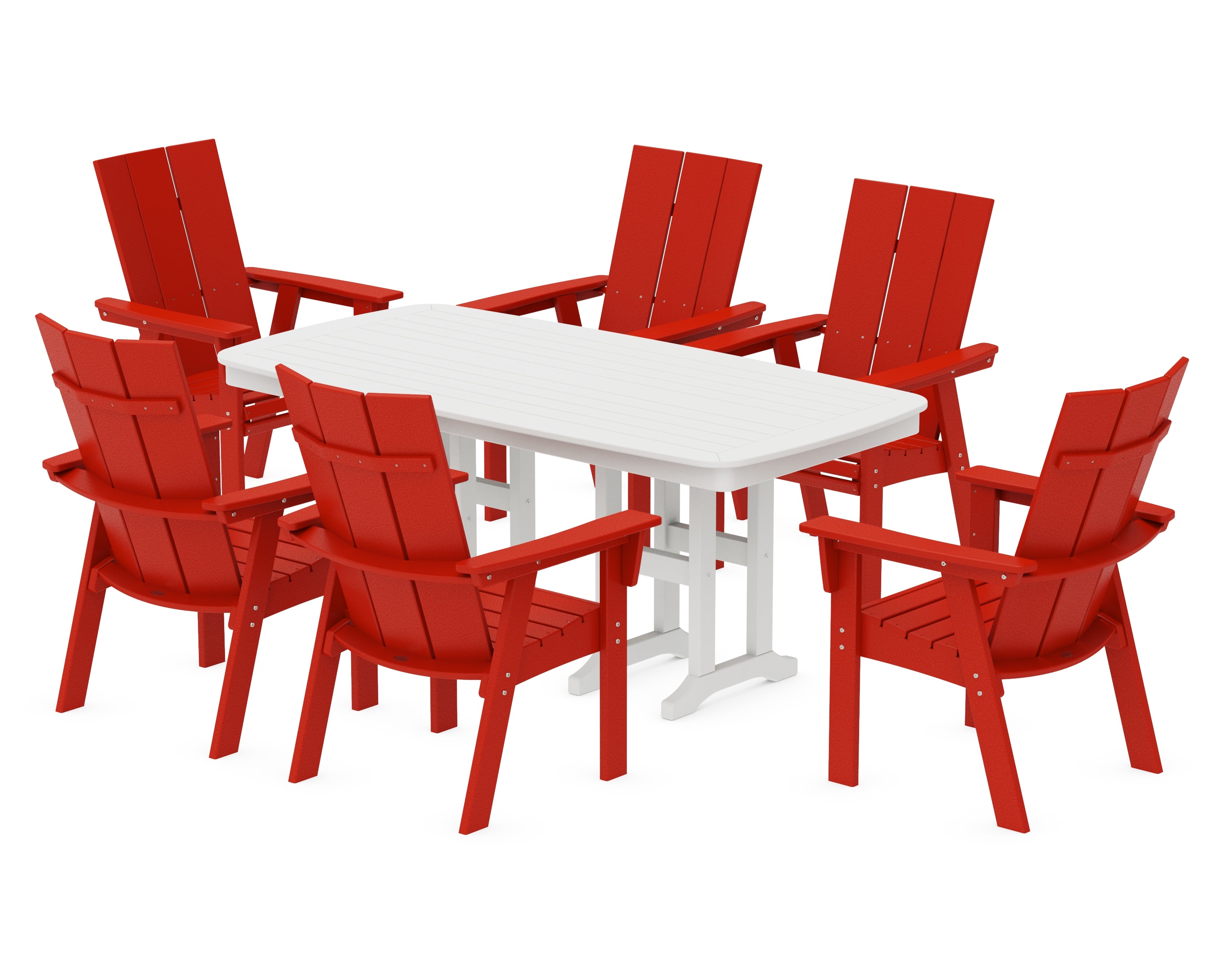 POLYWOOD Modern Curveback Adirondack 7-Piece Dining Set in Sunset Red / White