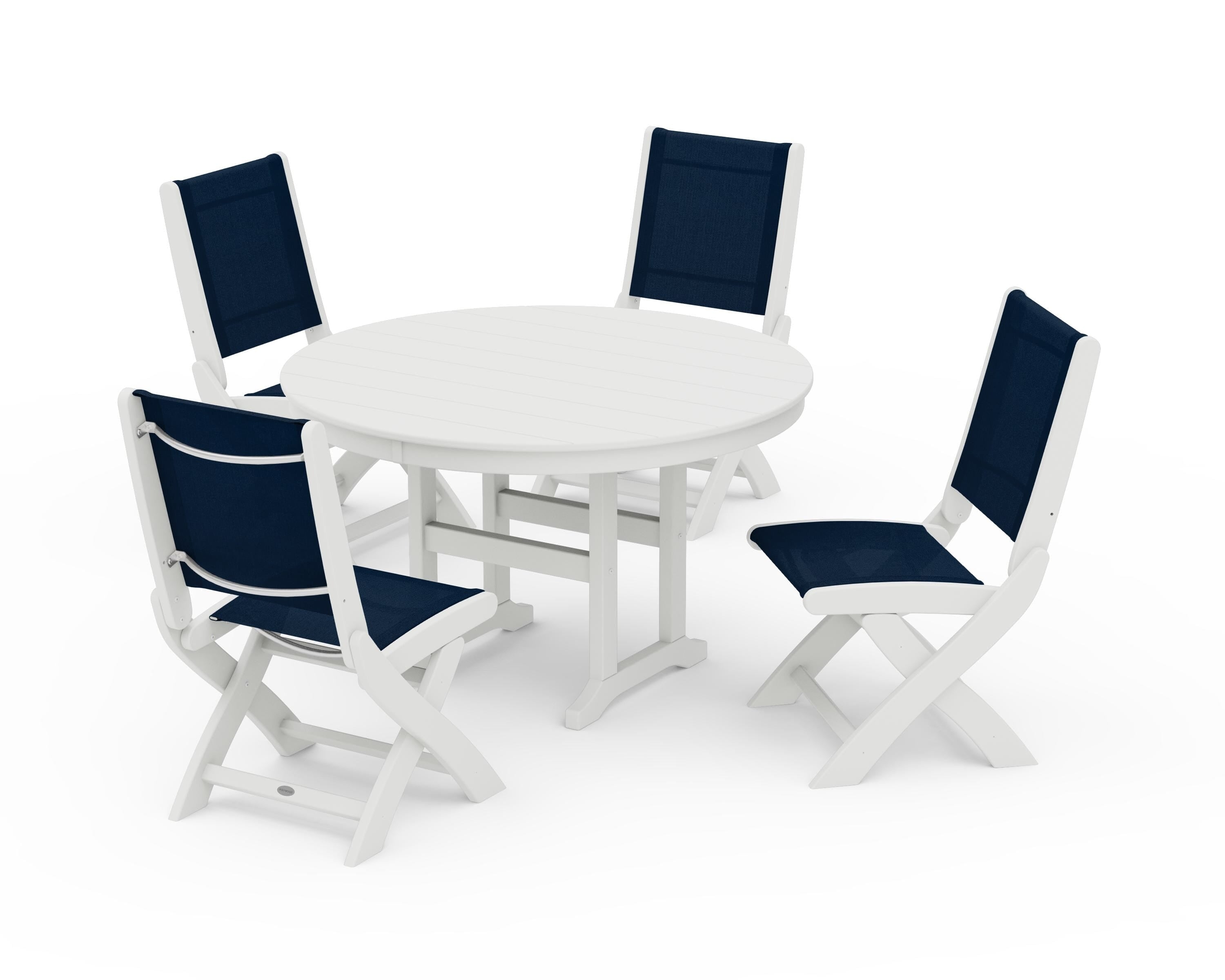 POLYWOOD Coastal Folding Side Chair 5-Piece Round Dining Set in Vintage White / Navy Blue Sling