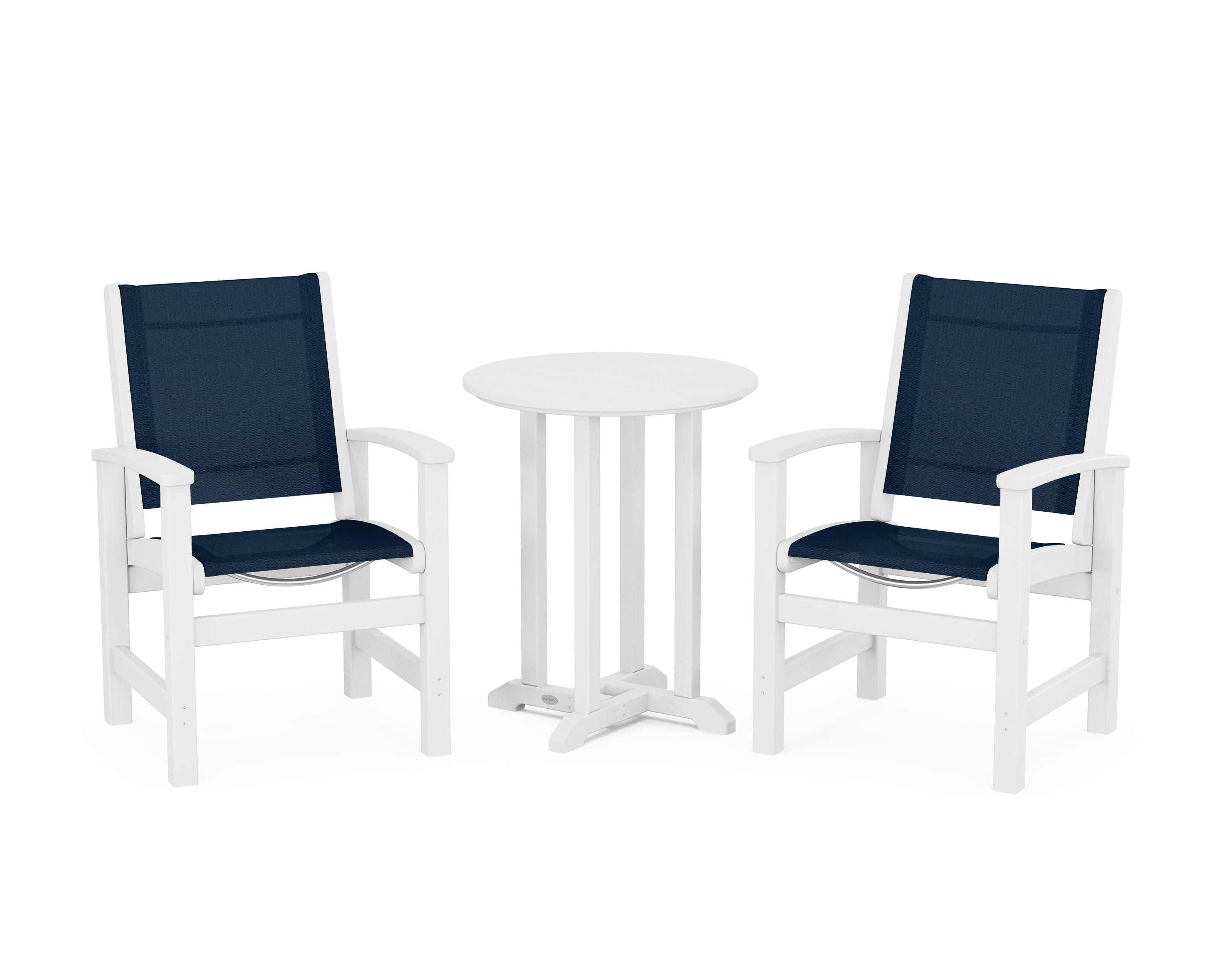 POLYWOOD Coastal 3-Piece Round Bistro Dining Set in White / Navy Blue Sling