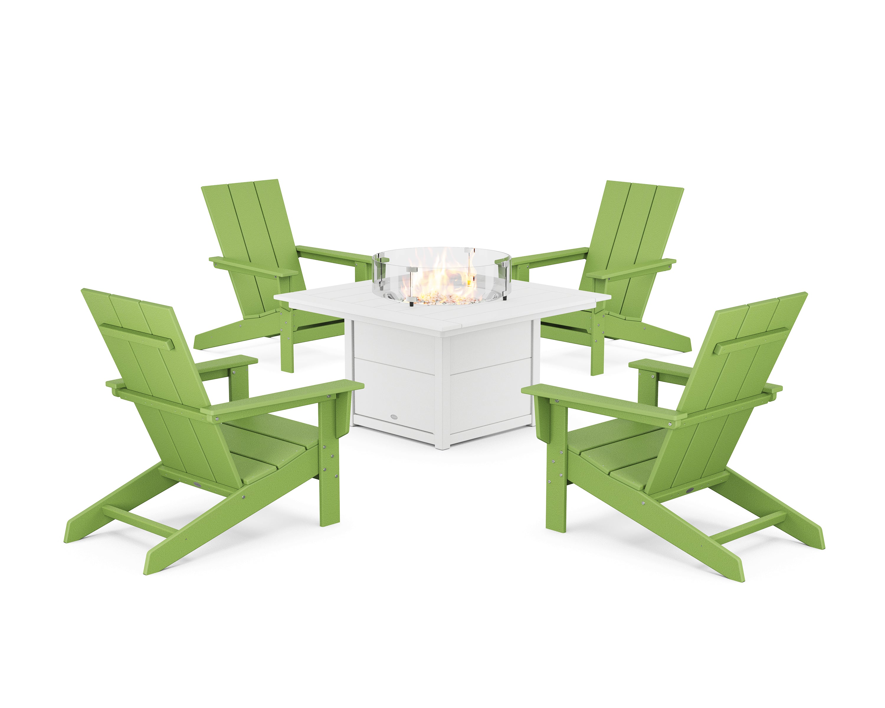 POLYWOOD 5-Piece Modern Studio Adirondack Conversation Set with Fire Pit Table in Lime / White