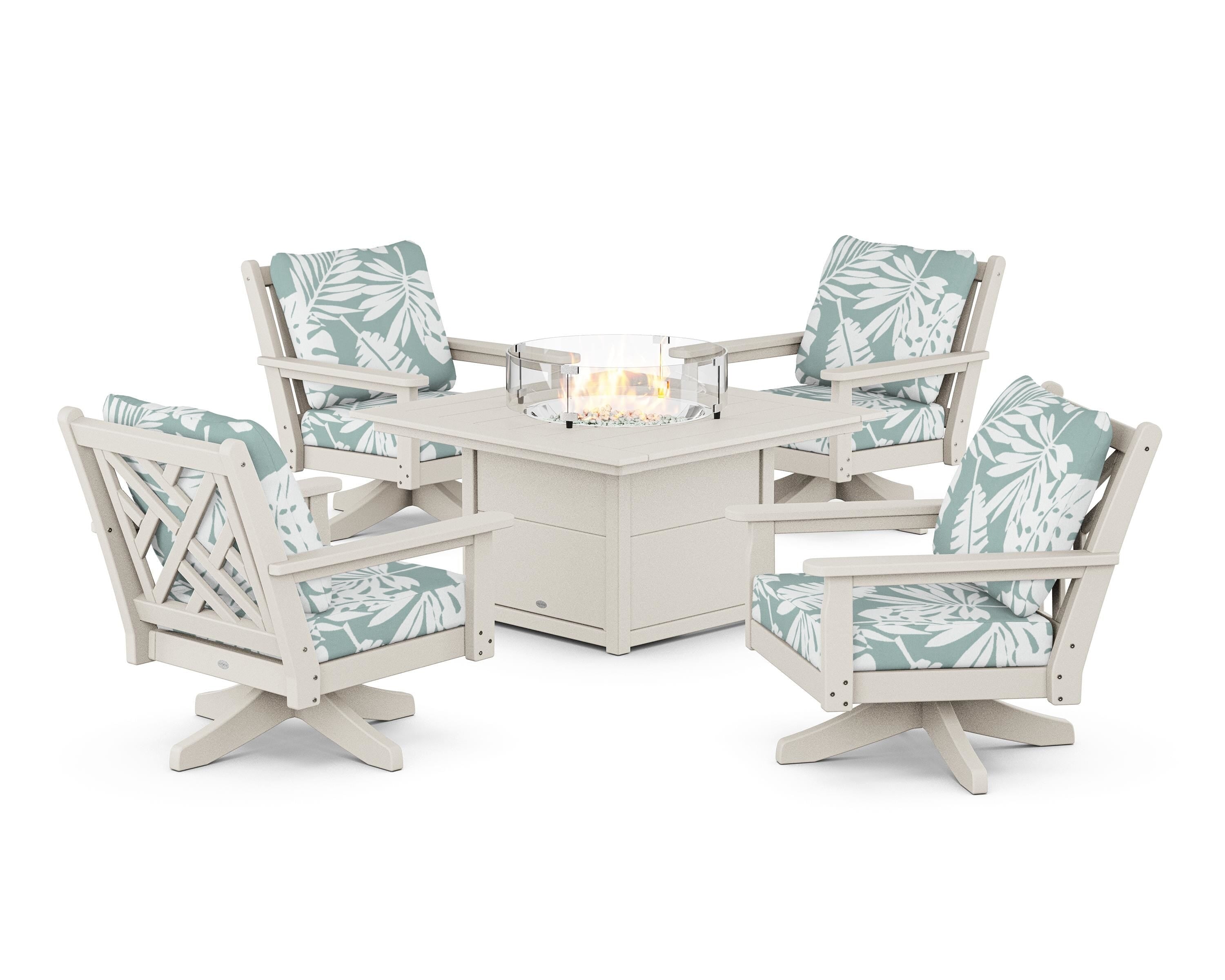 POLYWOOD Chippendale 5-Piece Deep Seating Swivel Conversation Set with Fire Pit Table in Sand / Leaf Glacier Spa