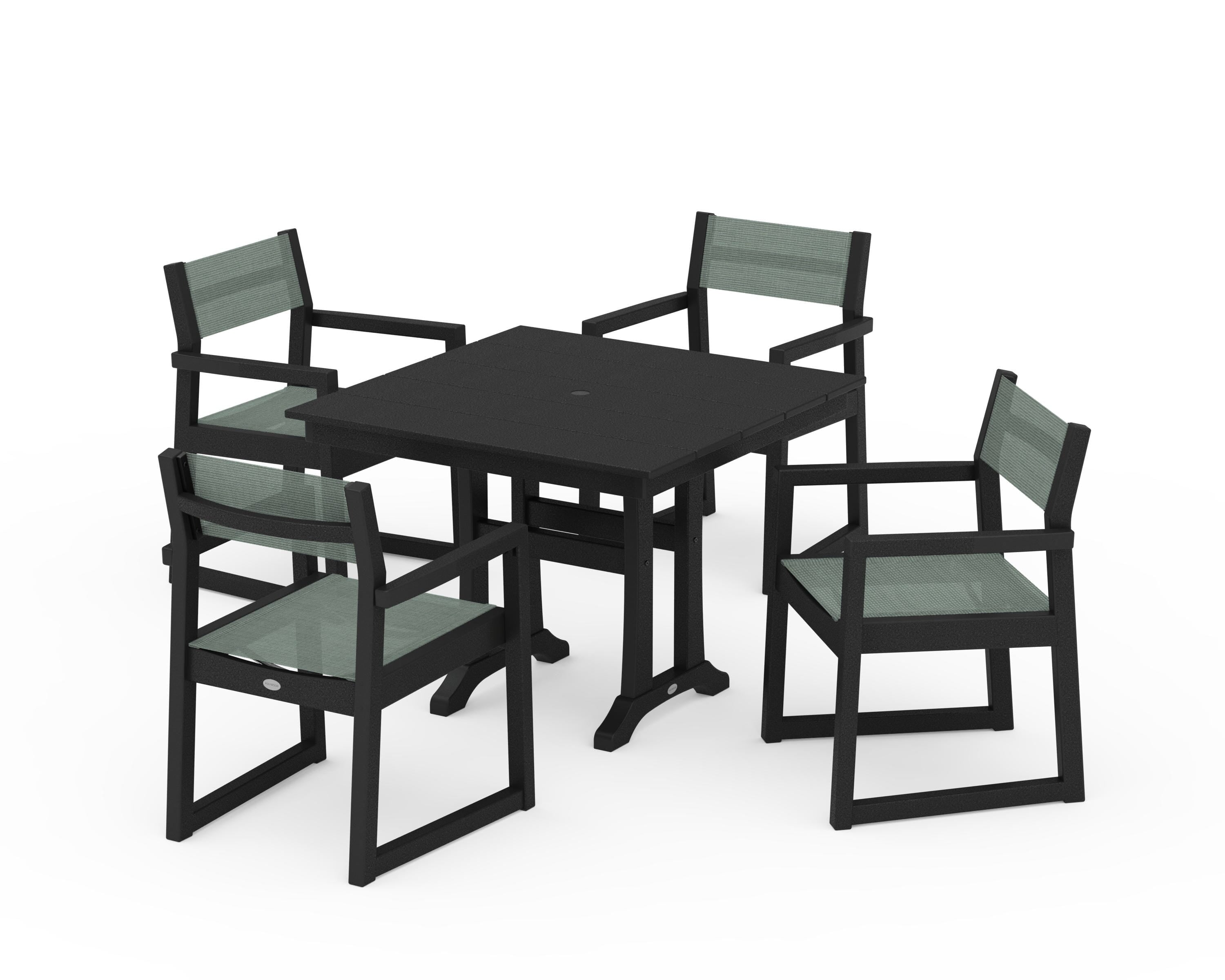 POLYWOOD EDGE Sling 5-Piece Farmhouse Dining Set with Trestle Legs in Black / Dupioni Sea Mist Sling