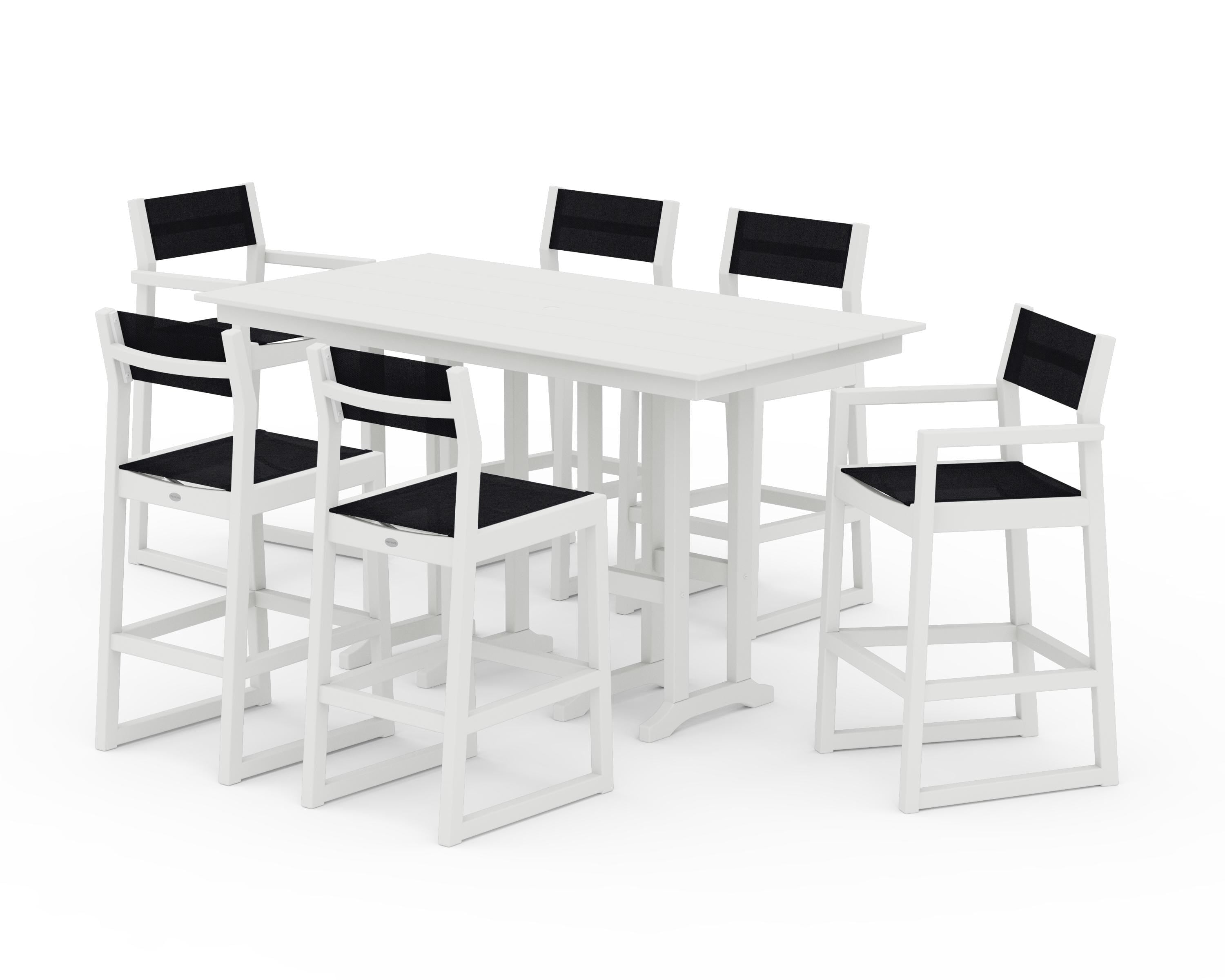 POLYWOOD EDGE Sling 7-Piece Farmhouse Bar Set in White / Black Sling