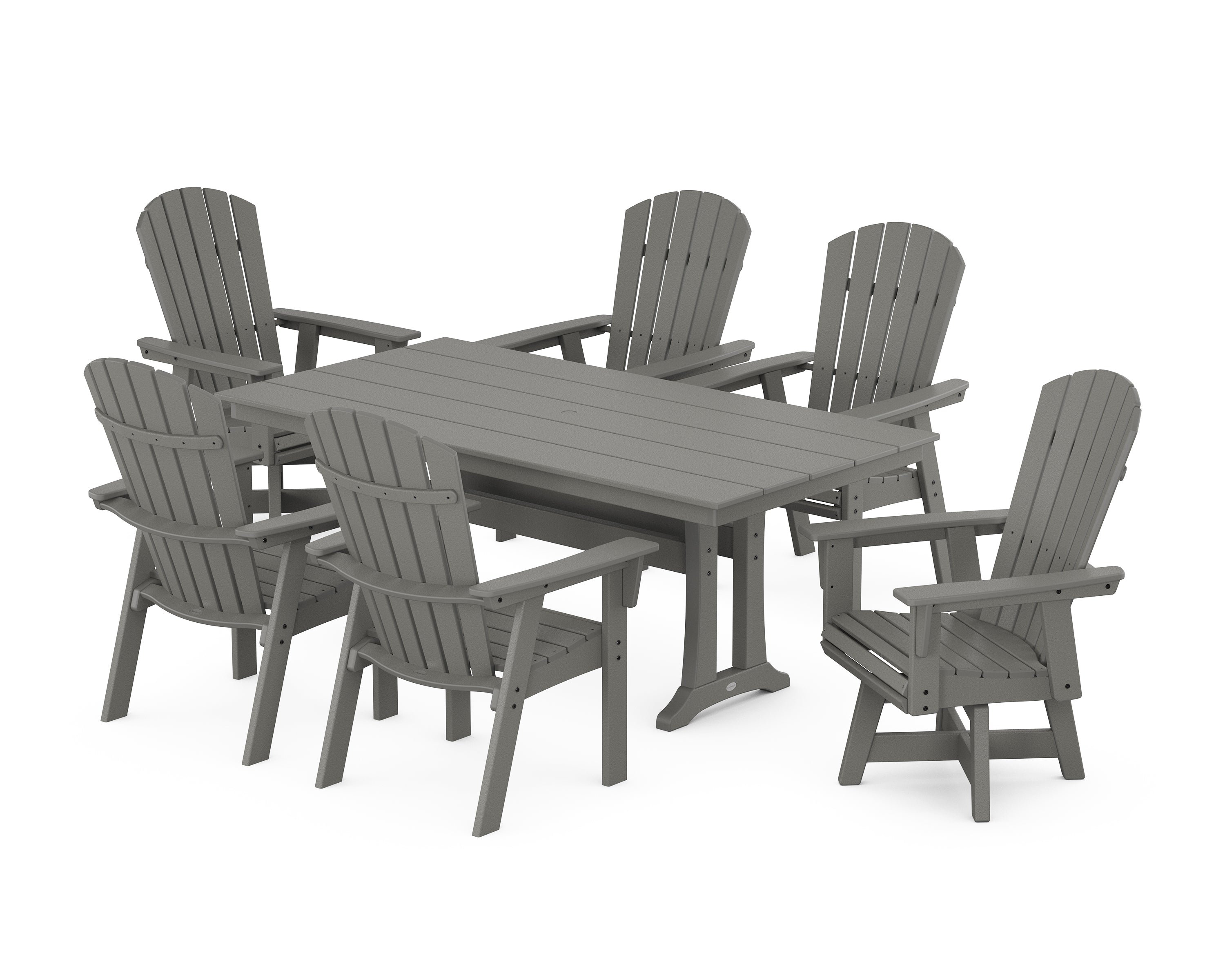 POLYWOOD® Nautical Curveback Adirondack Swivel Chair 7-Piece Farmhouse Dining Set With Trestle Legs in Slate Grey