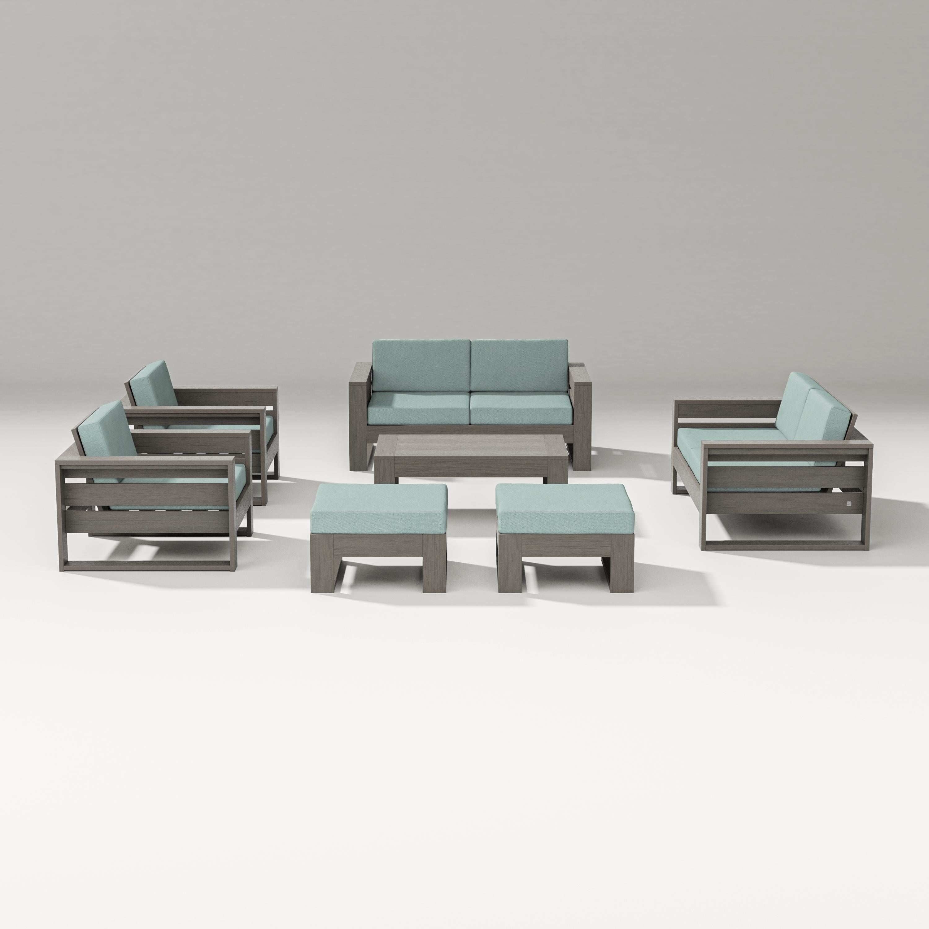 PW Designer Series Latitude 7-Piece Lounge Loveseat Set in Driftwood / Glacier Spa
