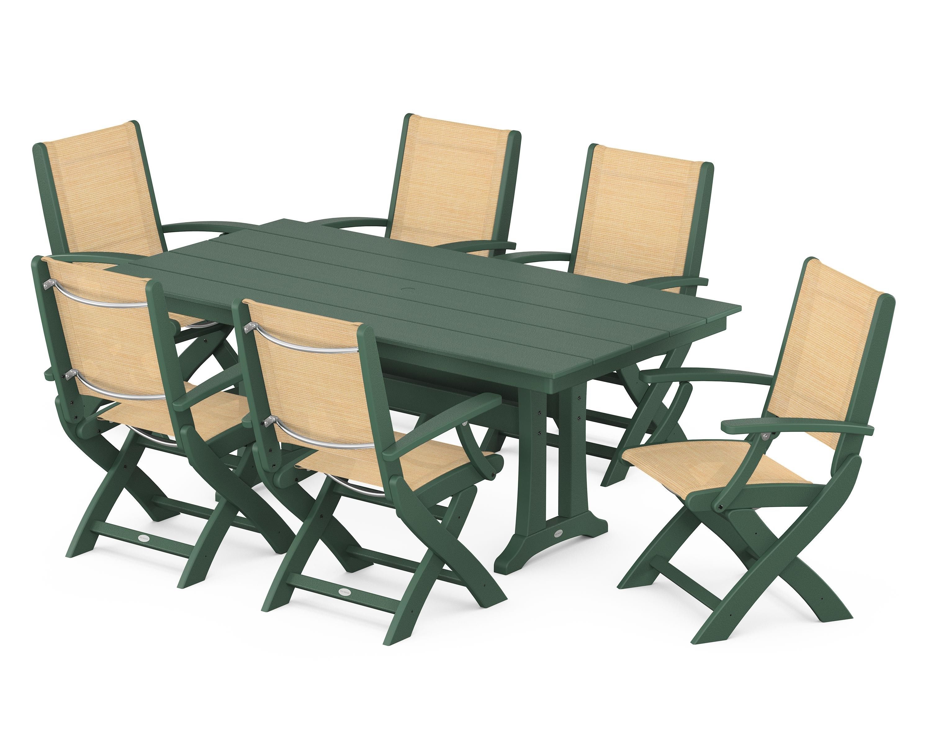 POLYWOOD Coastal Folding Arm Chair 7-Piece Farmhouse Dining Set with Trestle Legs in Green / Dupioni Apricot Sling