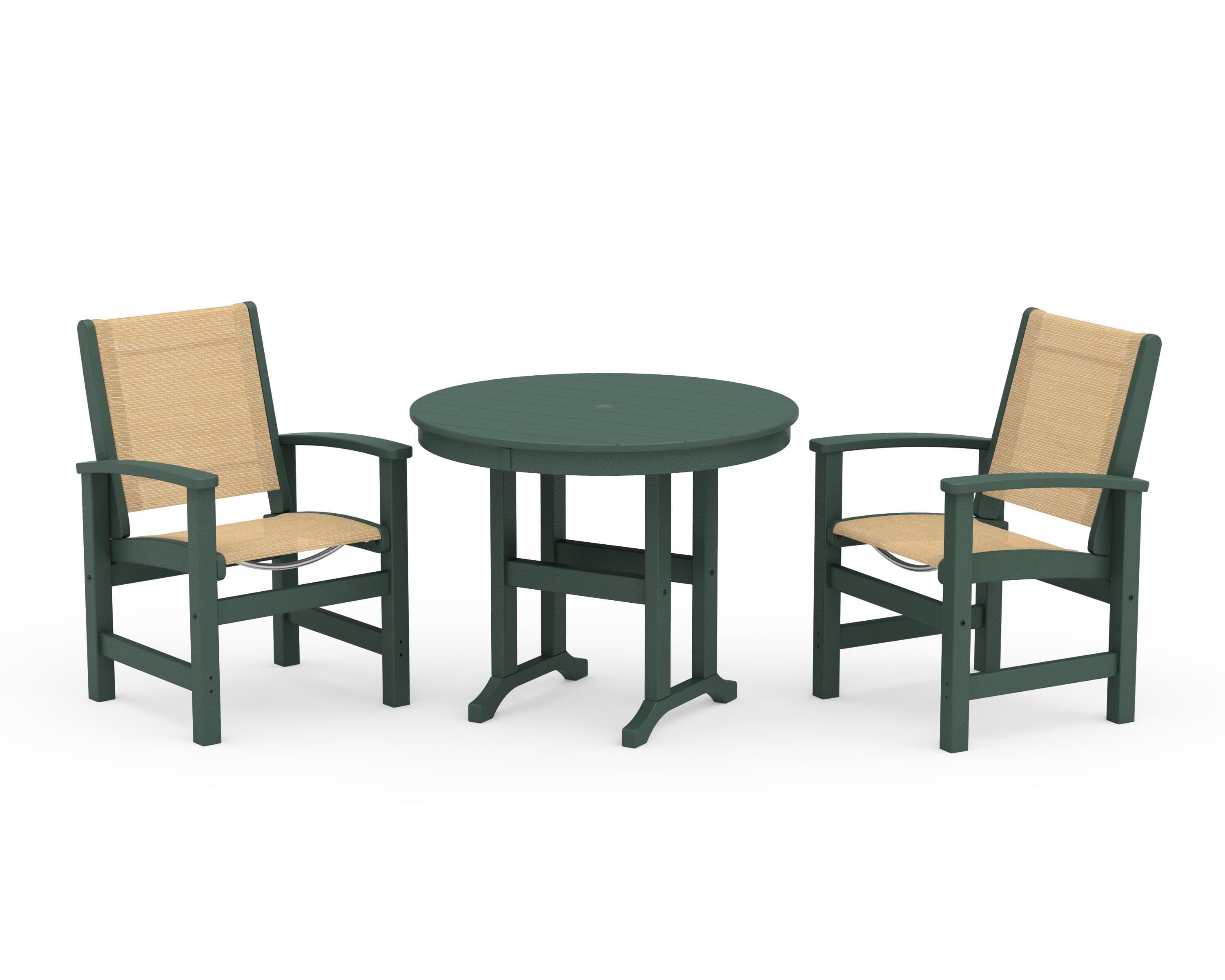 POLYWOOD Coastal 3-Piece Round Dining Set in Green / Dupioni Apricot Sling