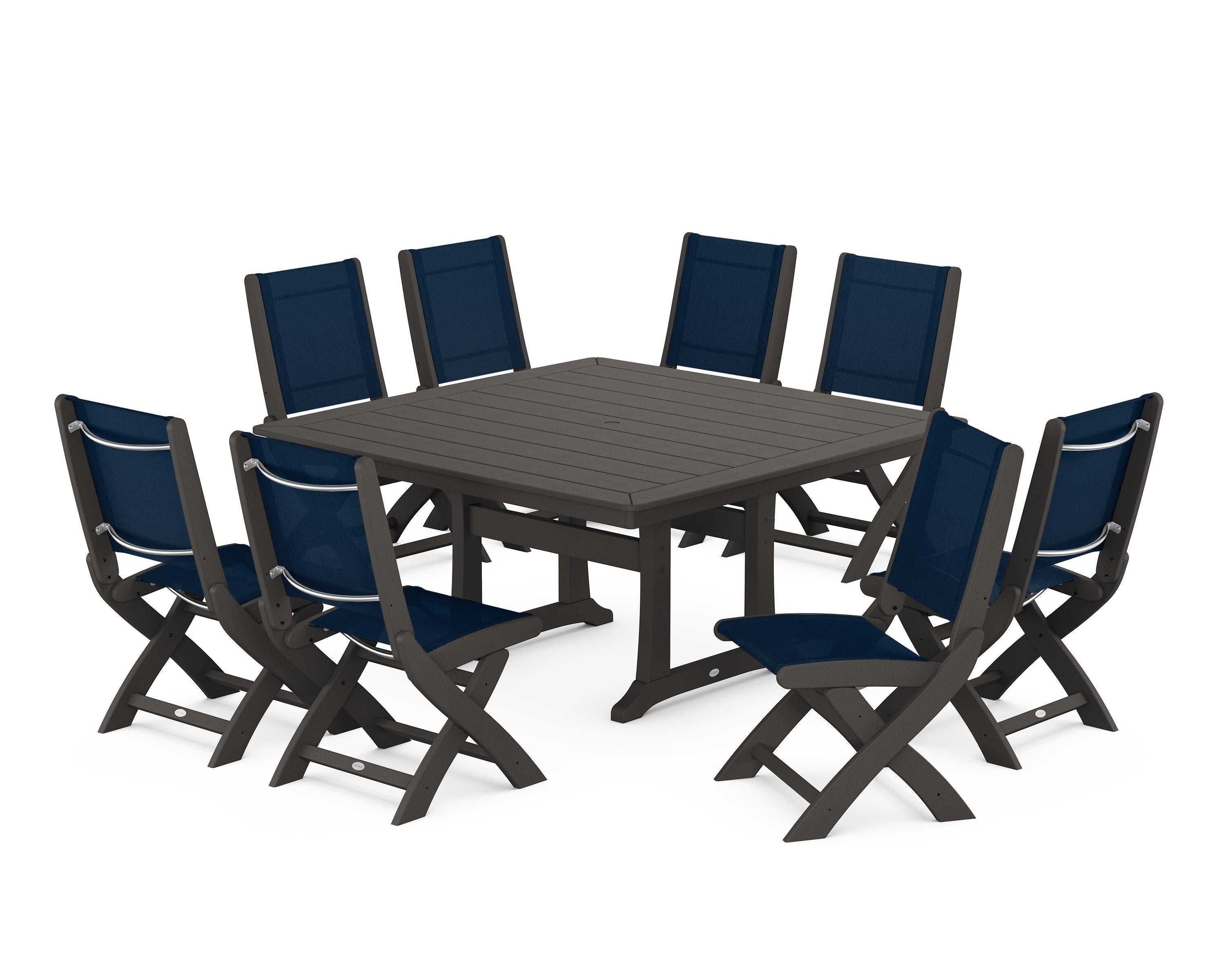 POLYWOOD Coastal Folding Side Chair 9-Piece Dining Set with Trestle Legs in Vintage Coffee / Navy Blue Sling
