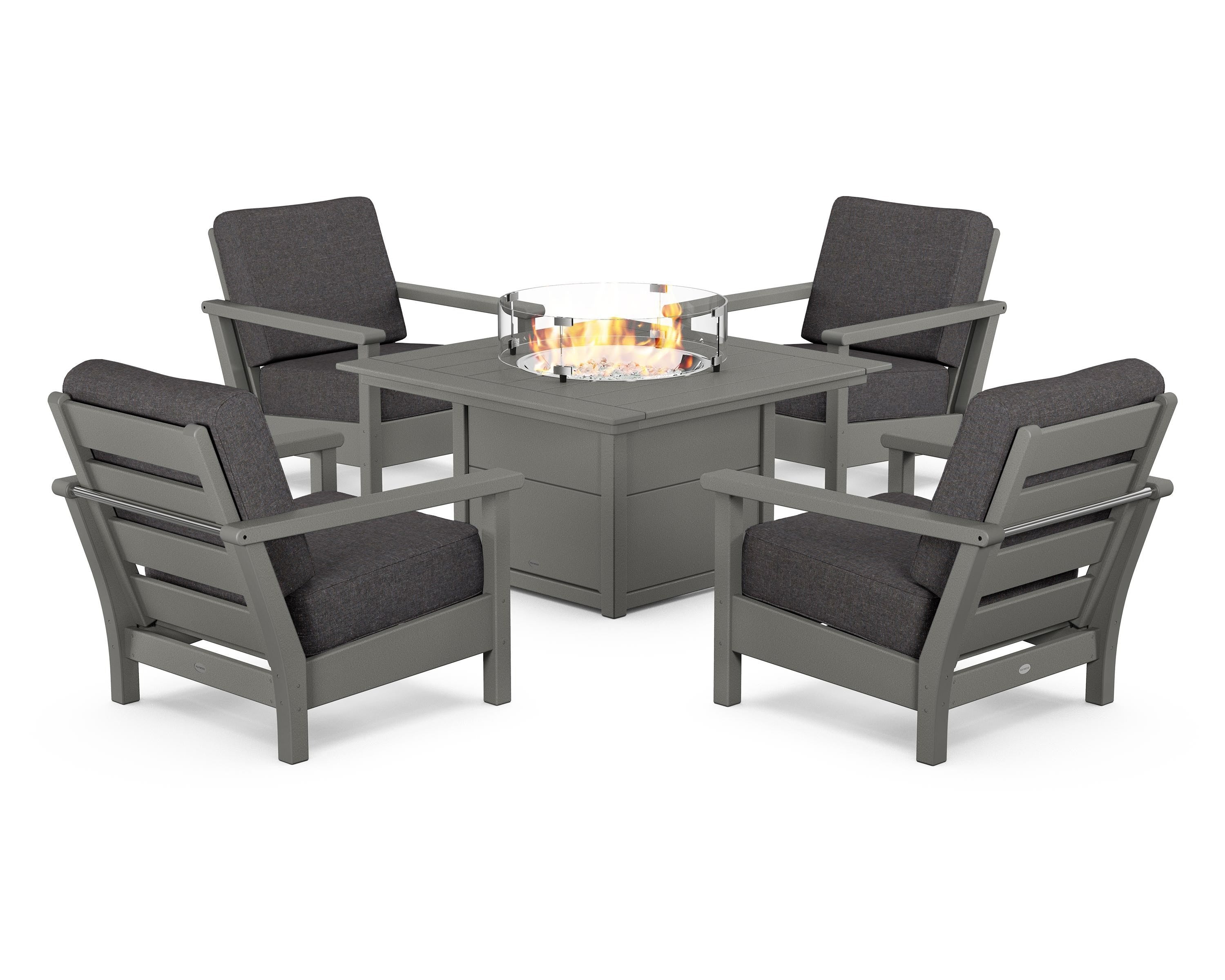 POLYWOOD Harbour 5-Piece Conversation Set with Fire Pit Table in Slate Grey / Ash Charcoal