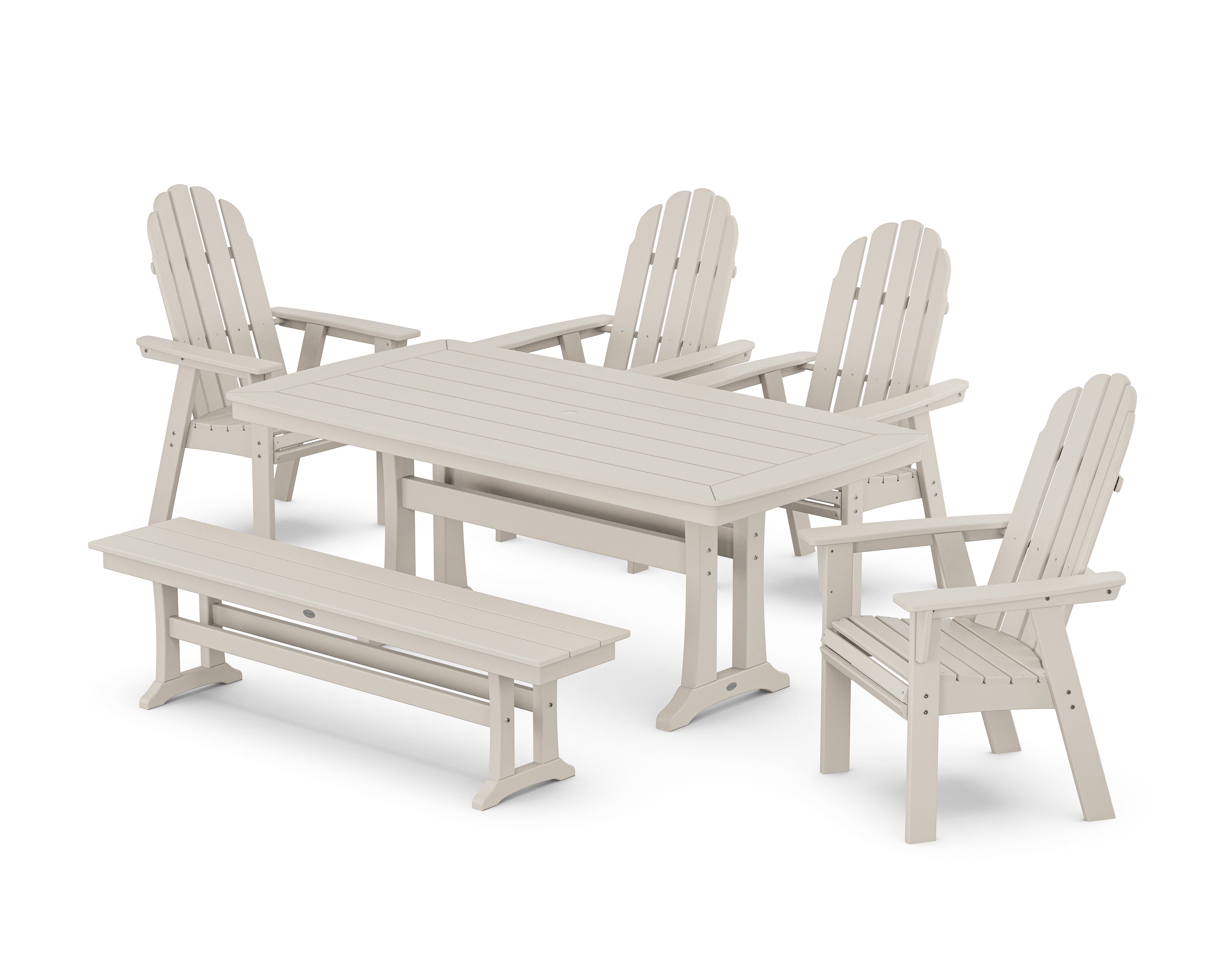 POLYWOOD Vineyard Curveback Adirondack Chair 6-Piece Dining Set with Trestle Legs and Bench in Sand