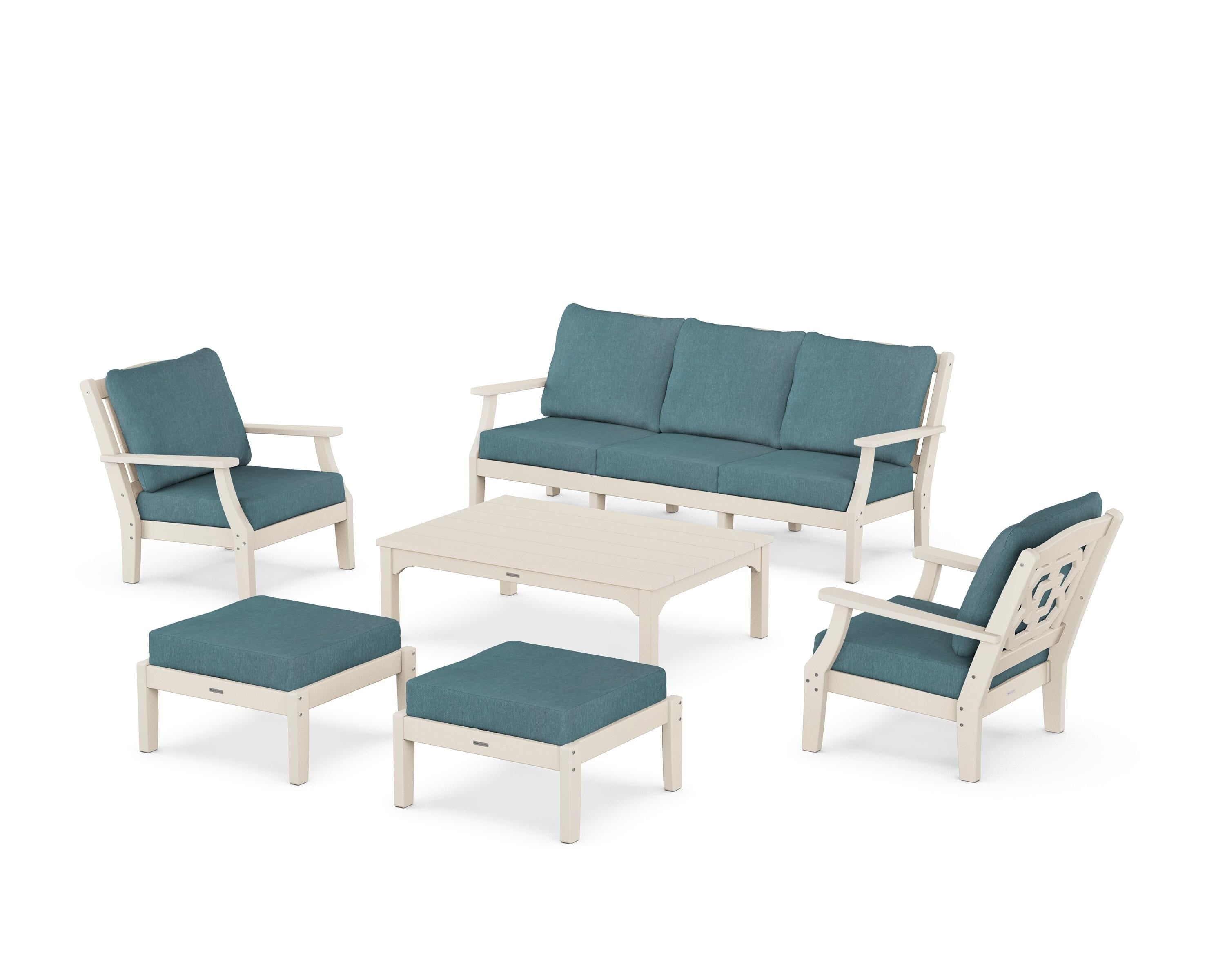 Martha Stewart by POLYWOOD Chinoiserie 6-Piece Lounge Sofa Set in Sand / Ocean Teal