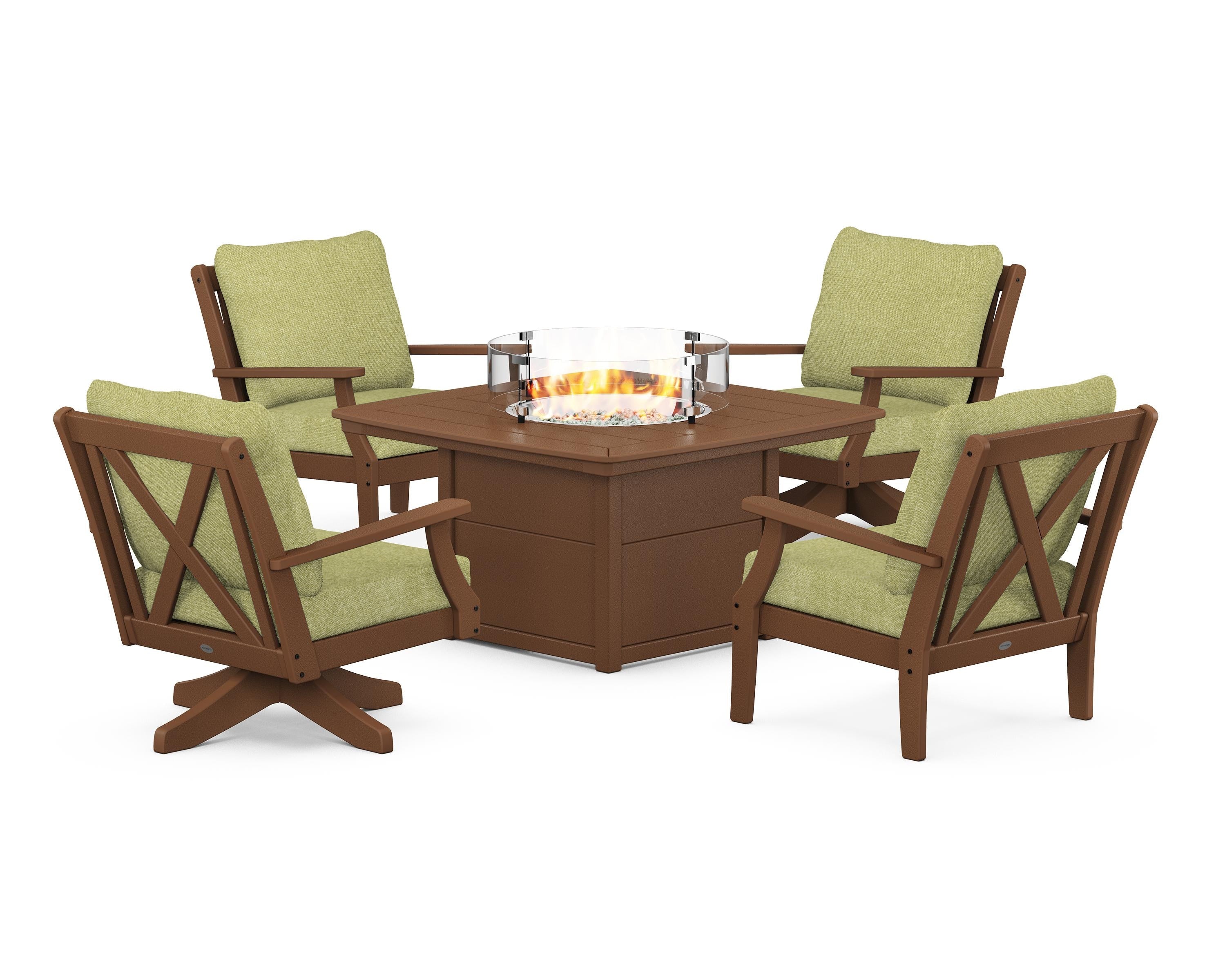 POLYWOOD Braxton 5-Piece Deep Seating Set with Fire Table in Teak / Chartreuse Boucle