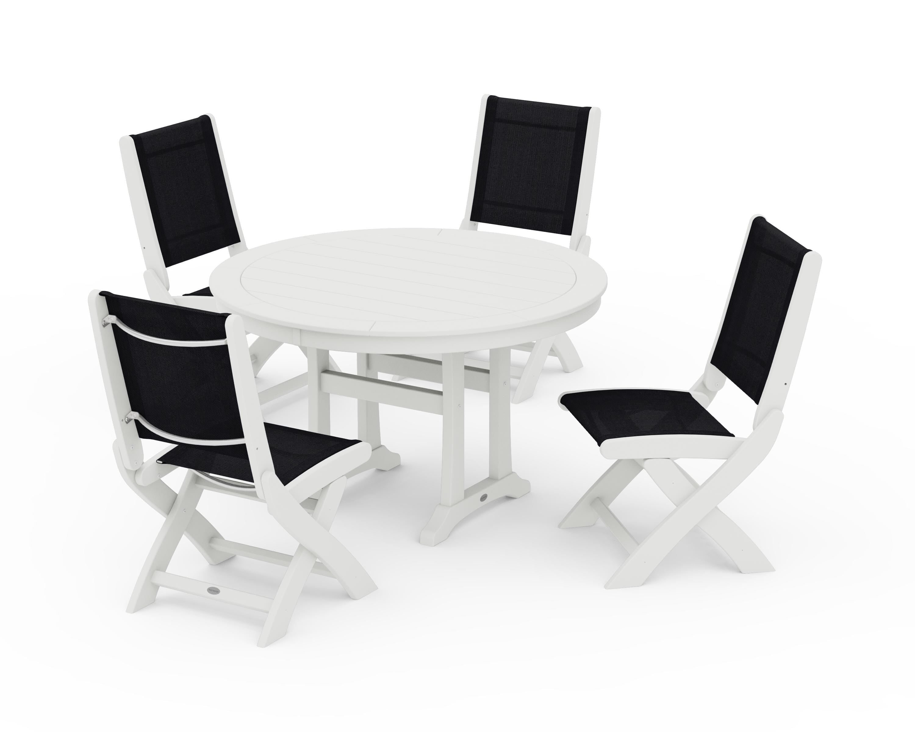 POLYWOOD Coastal Folding Side Chair 5-Piece Round Dining Set With Trestle Legs in Vintage White / Black Sling