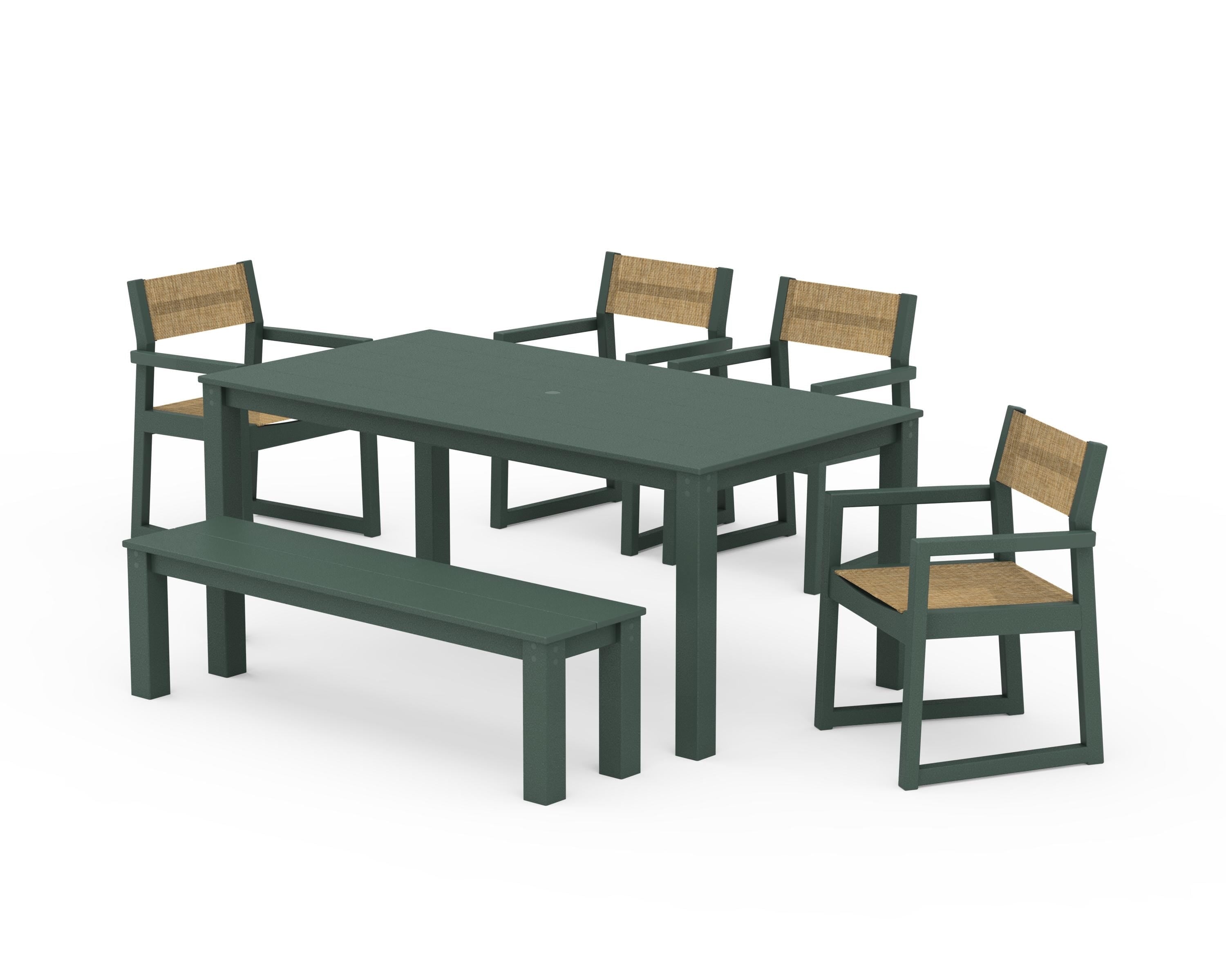 POLYWOOD EDGE Sling Arm Chair 6-Piece Parsons Dining Set with Bench in Green / Burlap Sling